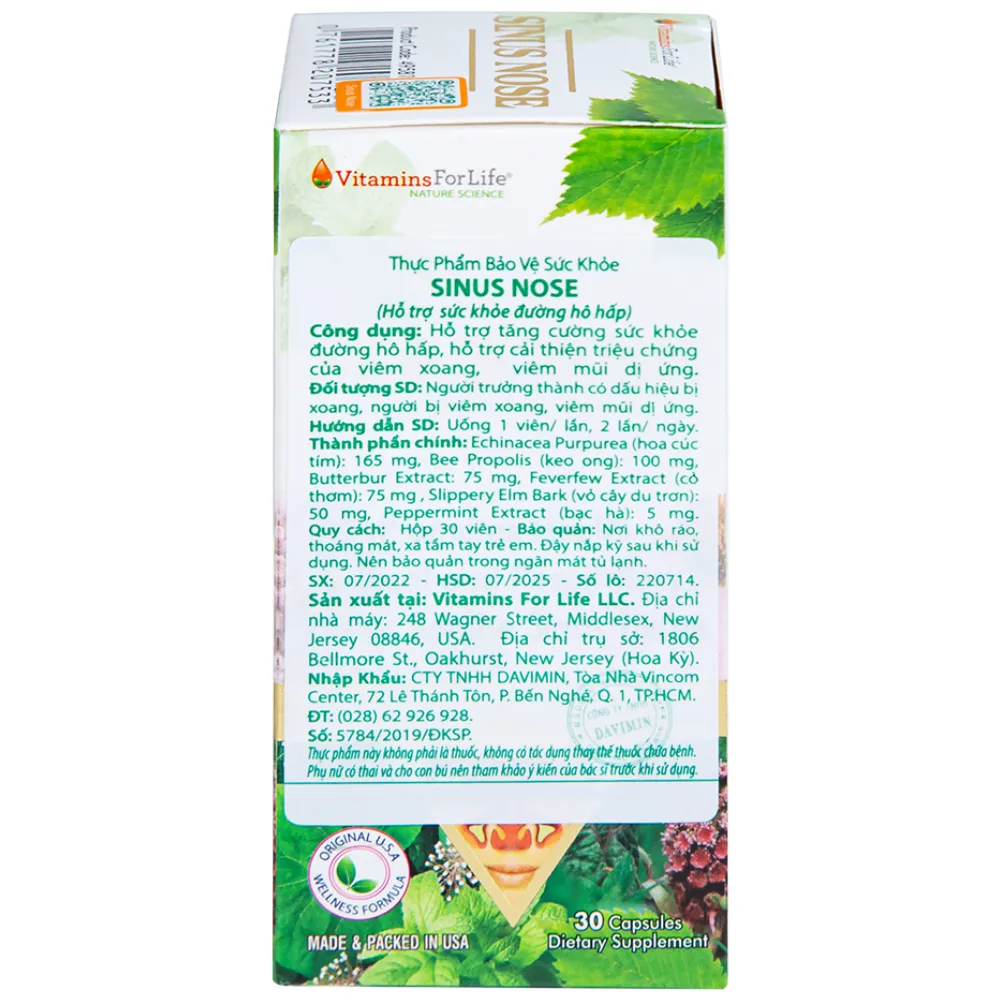 VIÊN UỐNG HỖ TRỢ ĐƯỜNG HÔ HẤP- VIÊM XOANG-VIÊM MŨI DỊ ỨNG SINUS NOSE VITAMINS FOR LIFE 30V 13