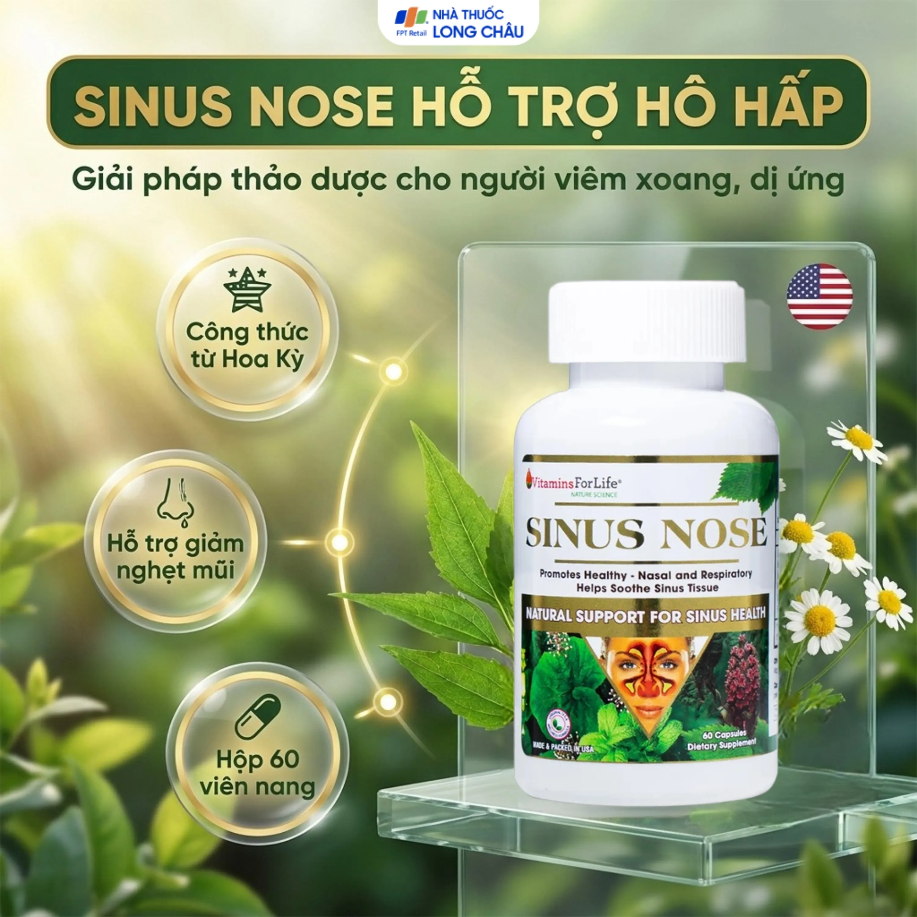 VIÊN UỐNG HỖ TRỢ ĐƯỜNG HÔ HẤP- VIÊM XOANG-VIÊM MŨI DỊ ỨNG SINUS NOSE VITAMINS FOR LIFE 60V 2