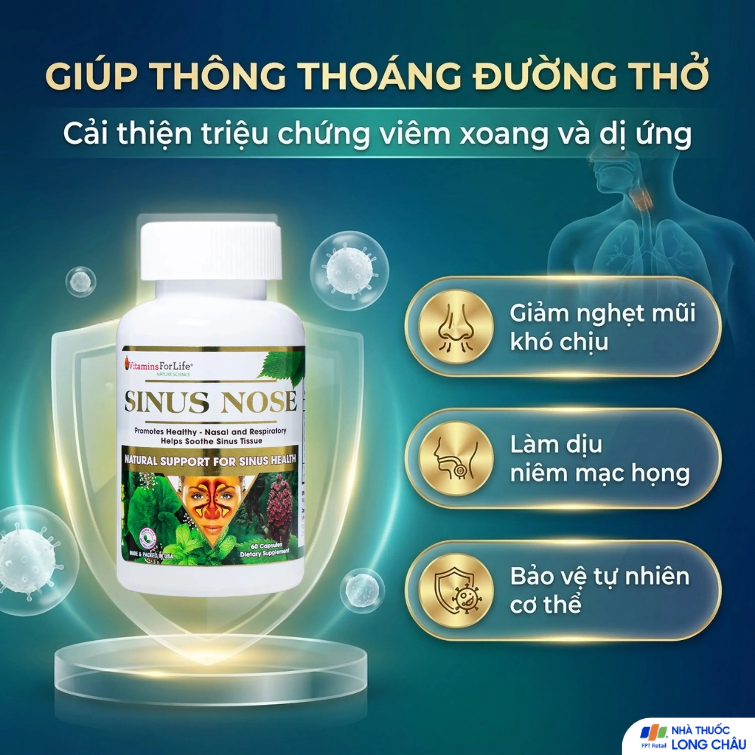 VIÊN UỐNG HỖ TRỢ ĐƯỜNG HÔ HẤP- VIÊM XOANG-VIÊM MŨI DỊ ỨNG SINUS NOSE VITAMINS FOR LIFE 60V 4