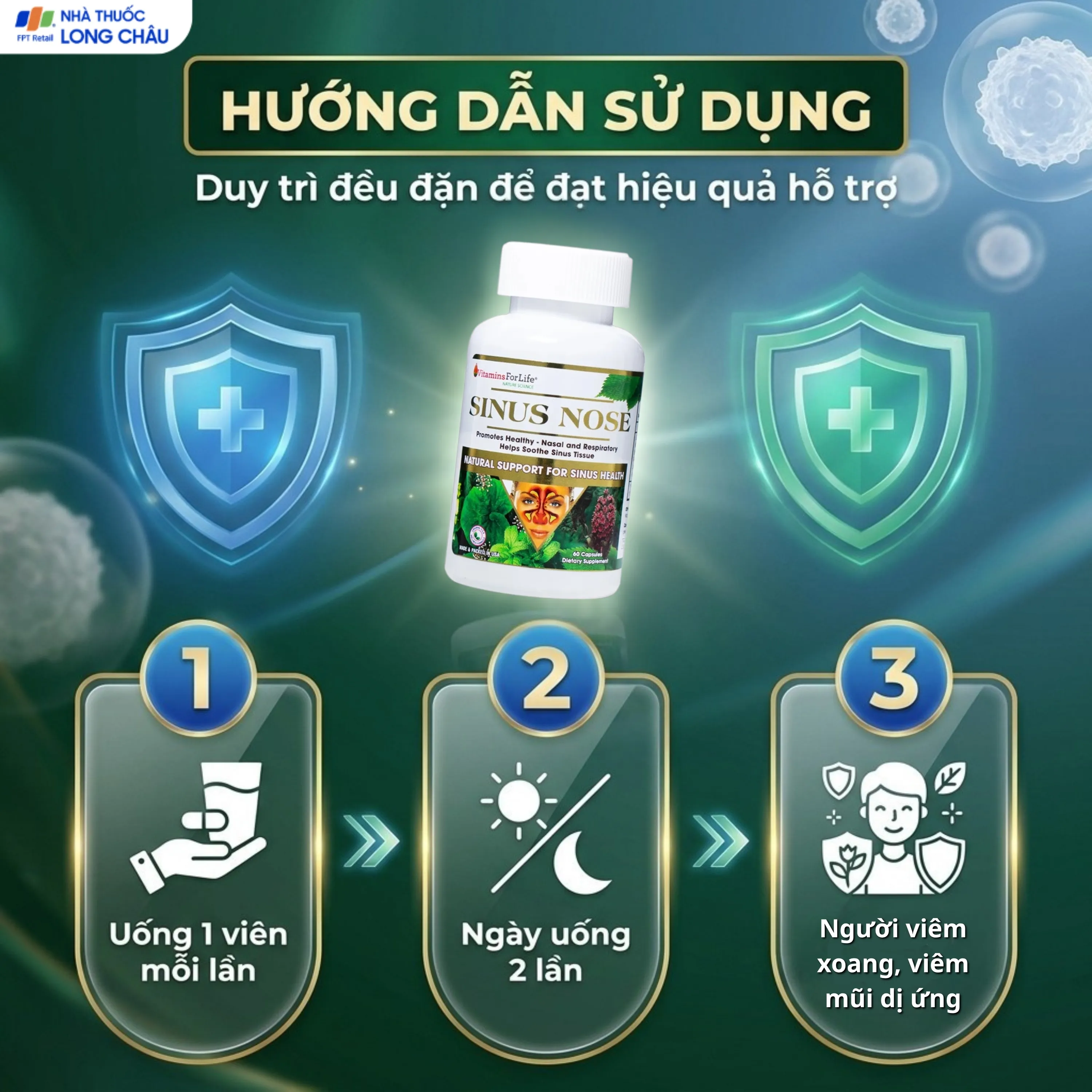 VIÊN UỐNG HỖ TRỢ ĐƯỜNG HÔ HẤP- VIÊM XOANG-VIÊM MŨI DỊ ỨNG SINUS NOSE VITAMINS FOR LIFE 60V 5