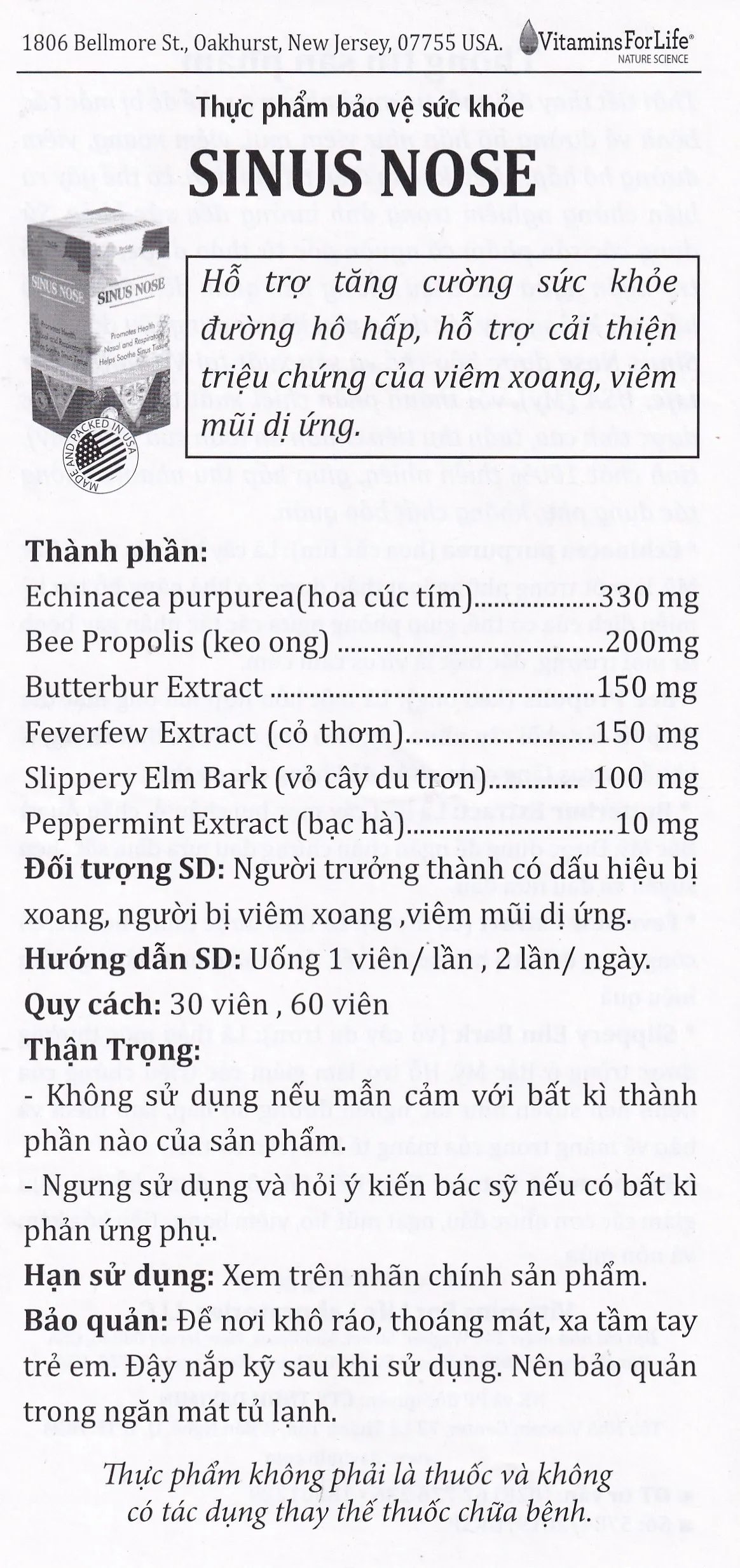 VIÊN UỐNG HỖ TRỢ ĐƯỜNG HÔ HẤP- VIÊM XOANG-VIÊM MŨI DỊ ỨNG SINUS NOSE VITAMINS FOR LIFE 60V 11
