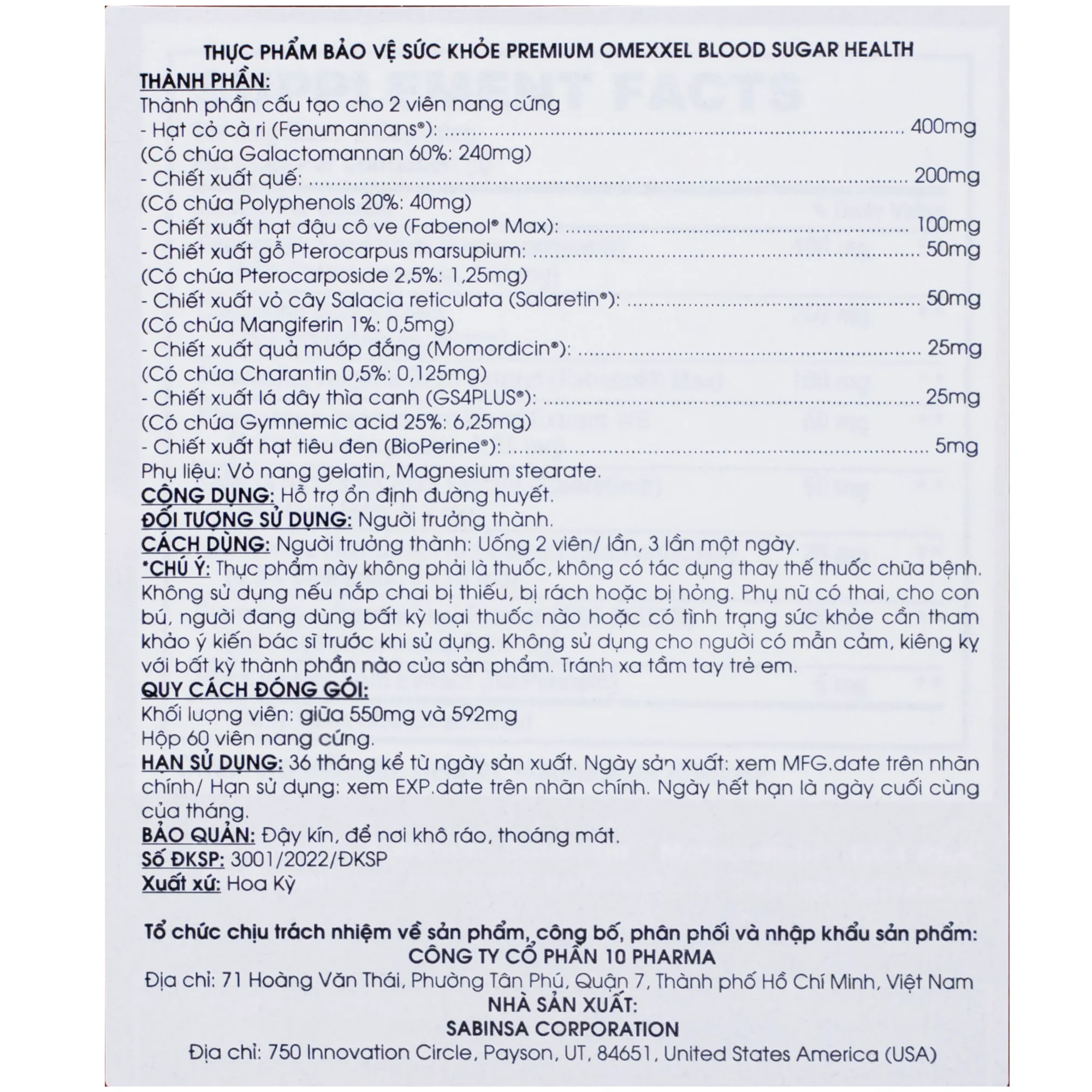 VIÊN UỐNG HỖ TRỢ ỔN ĐỊNH ĐƯỜNG HUYẾT PREMIUM OMEXXEL BLOOD SUGAR HEALTH 60V 6