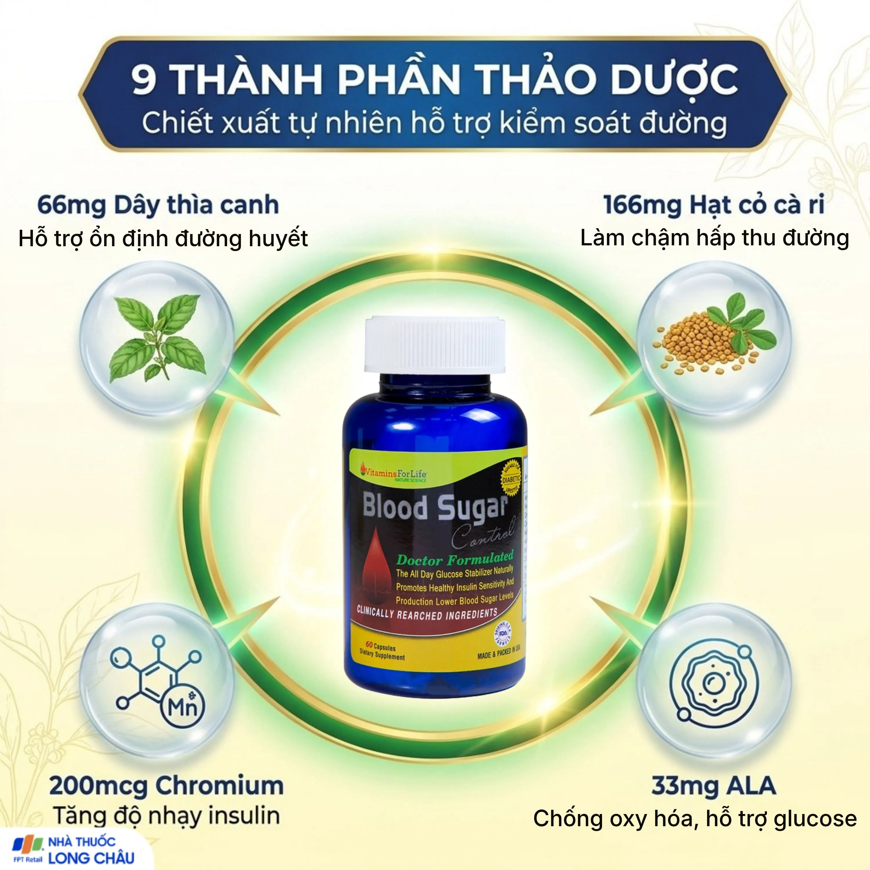 VIÊN UỐNG HỖ TRỢ ỔN ĐỊNH ĐƯỜNG HUYẾT BLOOD SUGAR CONTROL VITAMINS FOR LIFE 60V 3