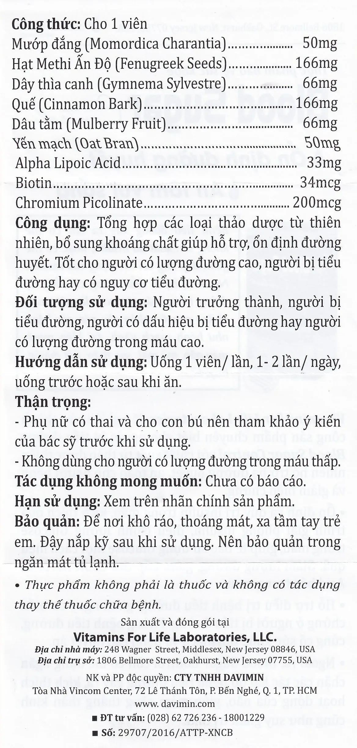 VIÊN UỐNG HỖ TRỢ ỔN ĐỊNH ĐƯỜNG HUYẾT BLOOD SUGAR CONTROL VITAMINS FOR LIFE 60V 12