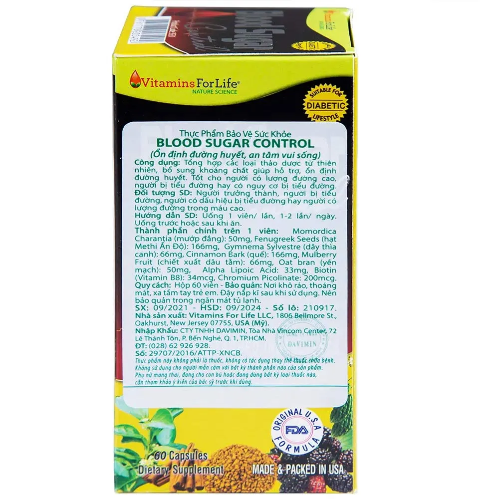 VIÊN UỐNG HỖ TRỢ ỔN ĐỊNH ĐƯỜNG HUYẾT BLOOD SUGAR CONTROL VITAMINS FOR LIFE 60V 15