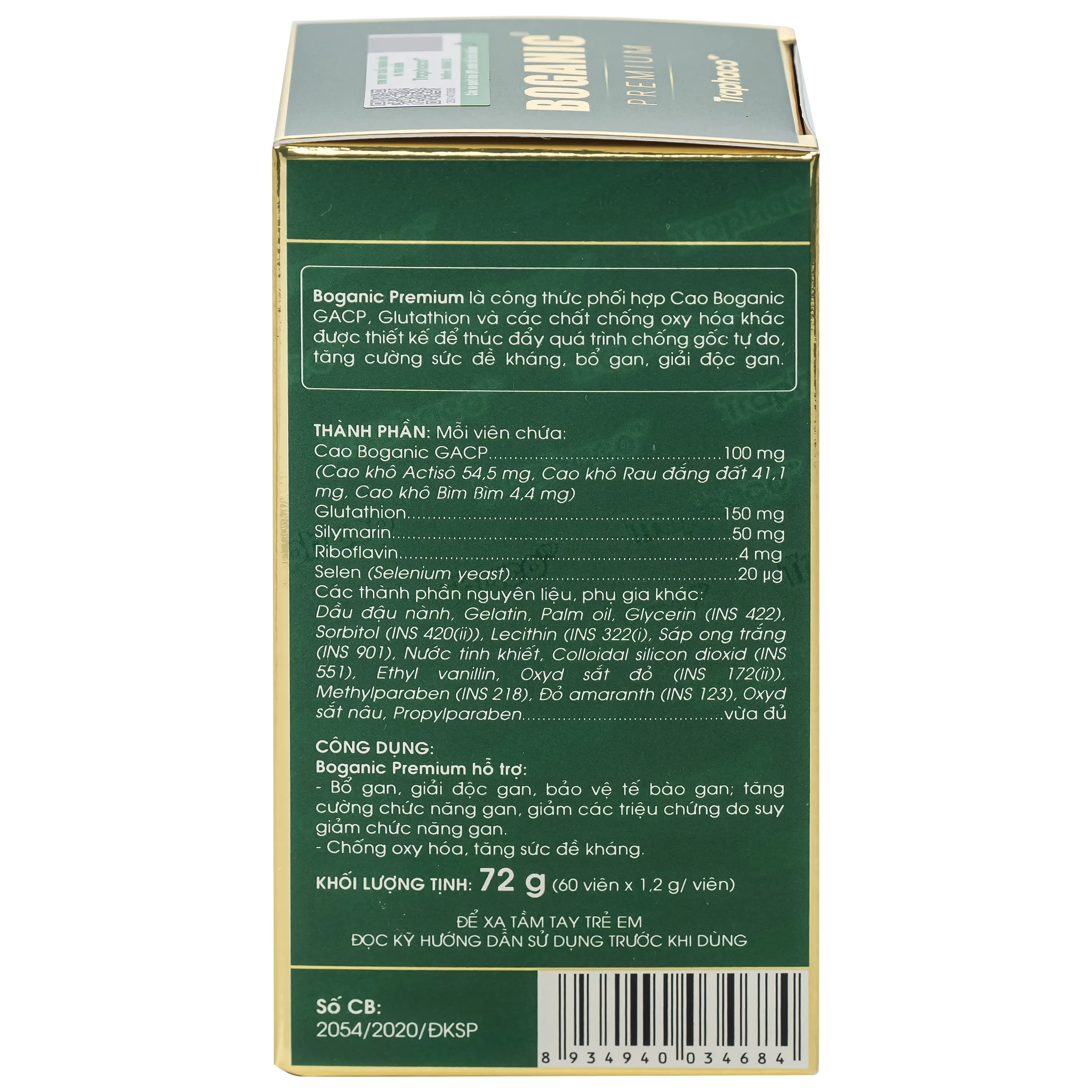 VIÊN UỐNG HỖ TRỢ BỔ GAN, GIẢI ĐỘC GAN BOGANIC PREMIUM TRAPHACO 60V 8