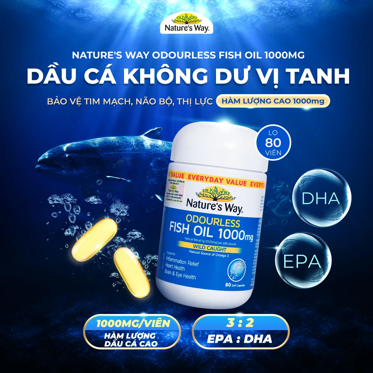 VIÊN UỐNG HỖ TRỢ BỔ NÃO ODOURLESS FISH OIL 1000MG NATURE'S WAY 80V 2