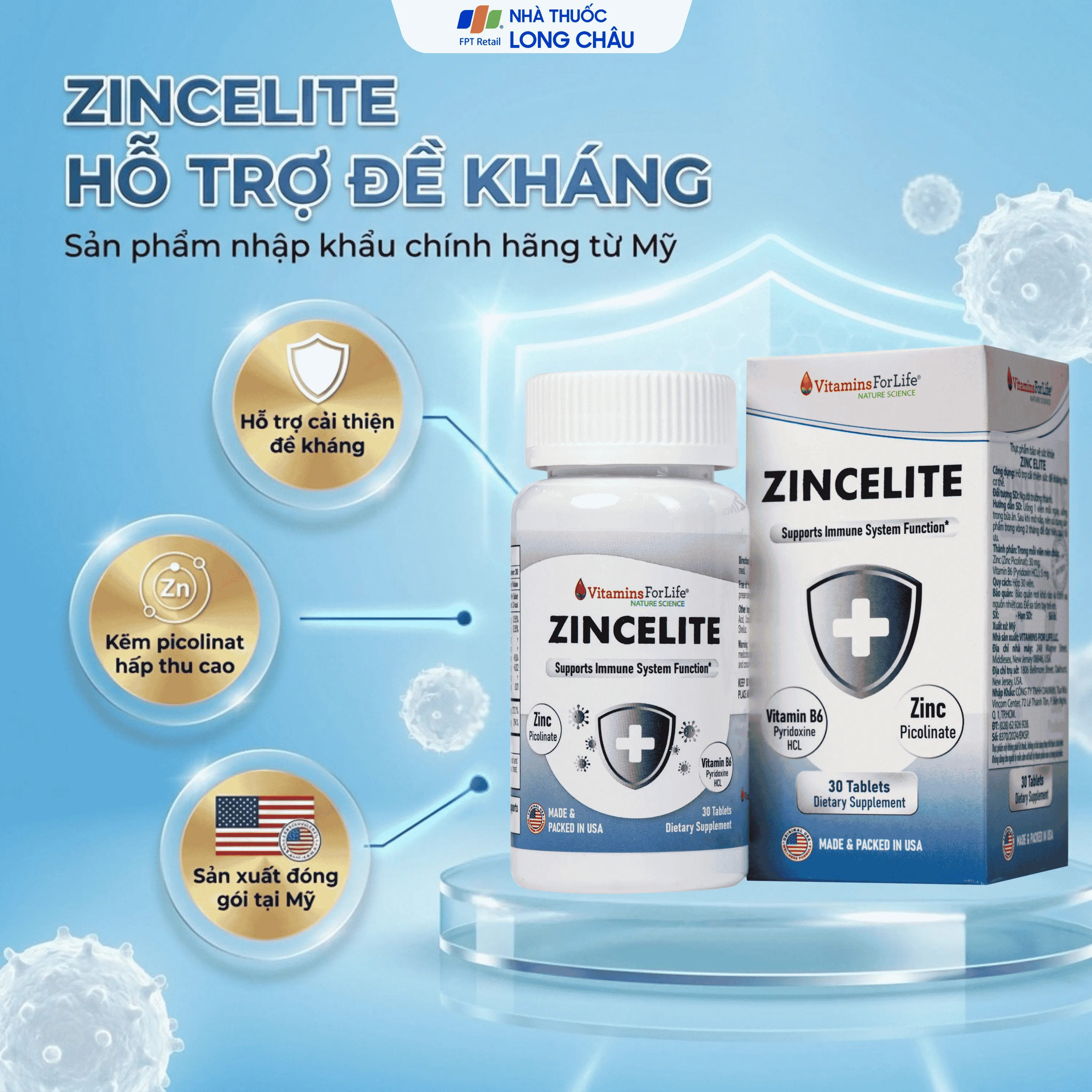 VIÊN UỐNG HỖ TRỢ CẢI THIỆN SỨC ĐỀ KHÁNG CHO CƠ THỂ ZINCELITE VITAMINS FOR LIFE 30V 2