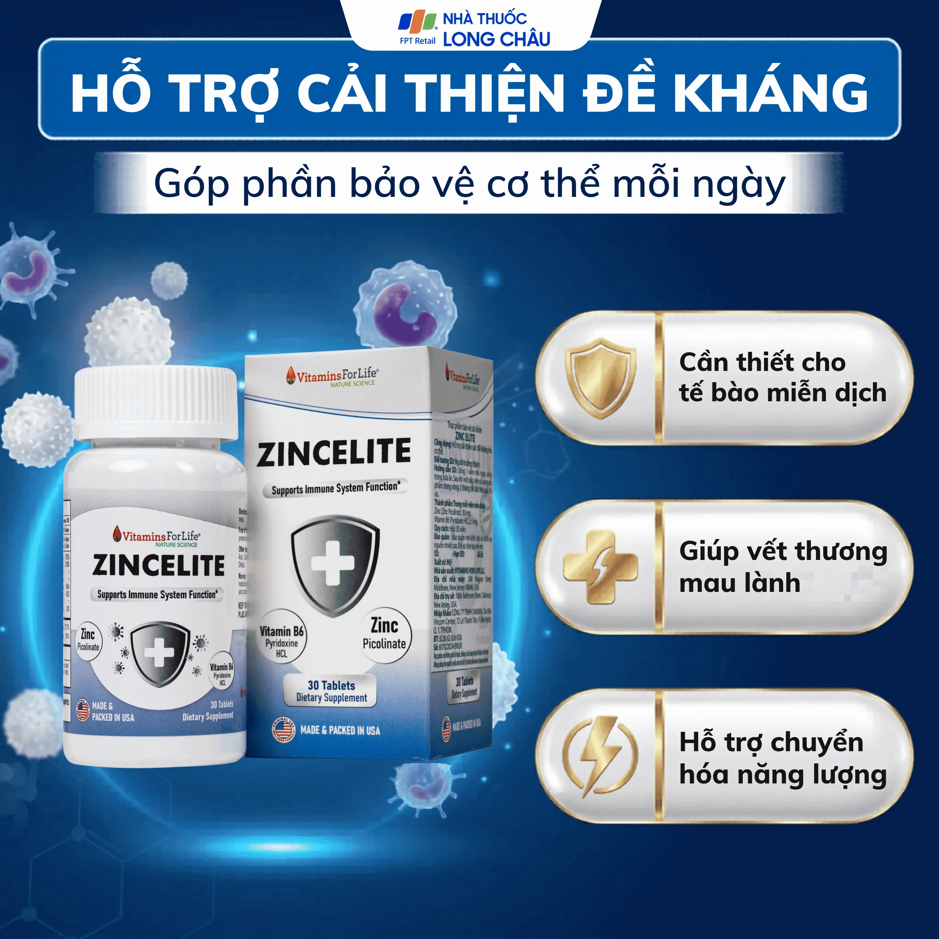 VIÊN UỐNG HỖ TRỢ CẢI THIỆN SỨC ĐỀ KHÁNG CHO CƠ THỂ ZINCELITE VITAMINS FOR LIFE 30V 4