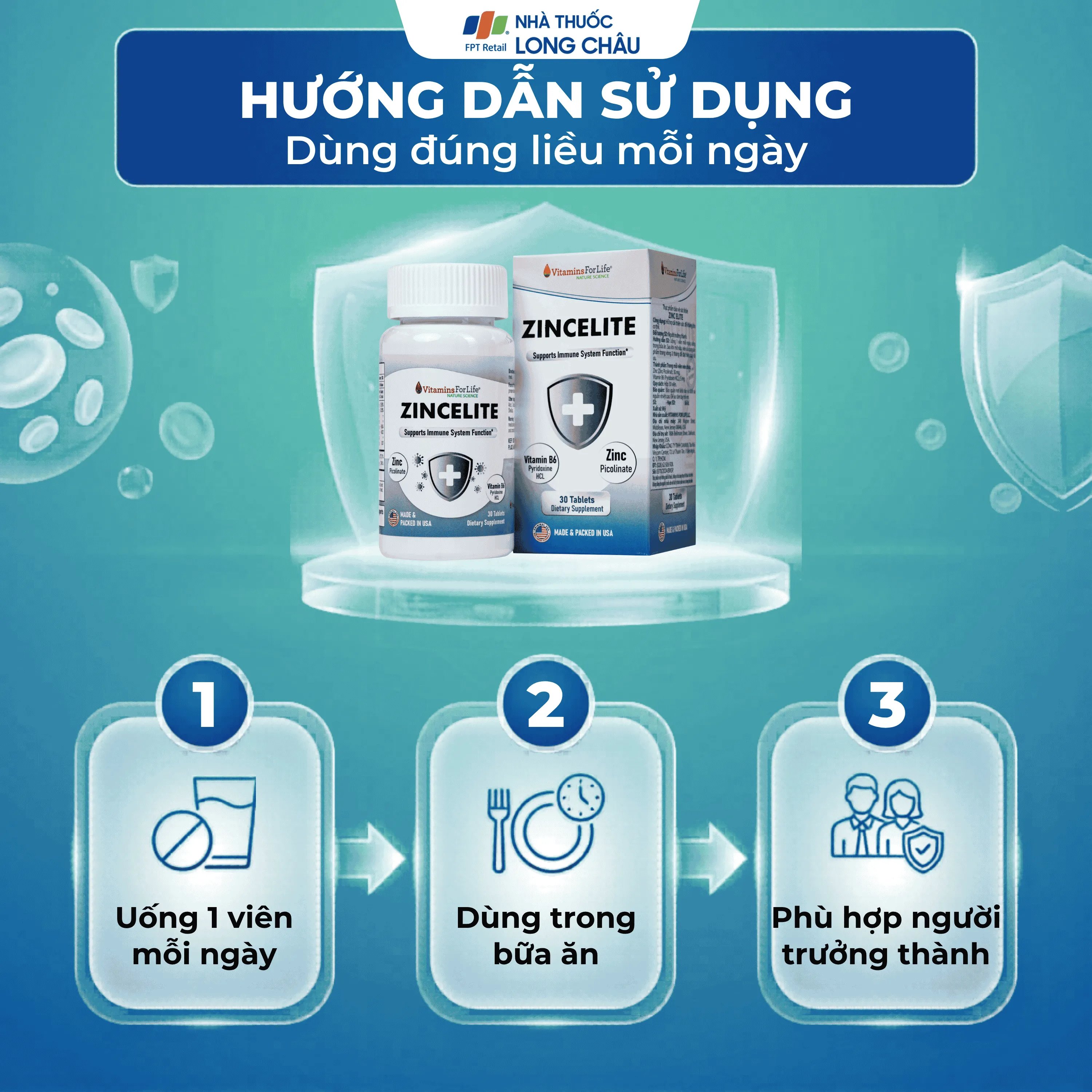 VIÊN UỐNG HỖ TRỢ CẢI THIỆN SỨC ĐỀ KHÁNG CHO CƠ THỂ ZINCELITE VITAMINS FOR LIFE 30V 5