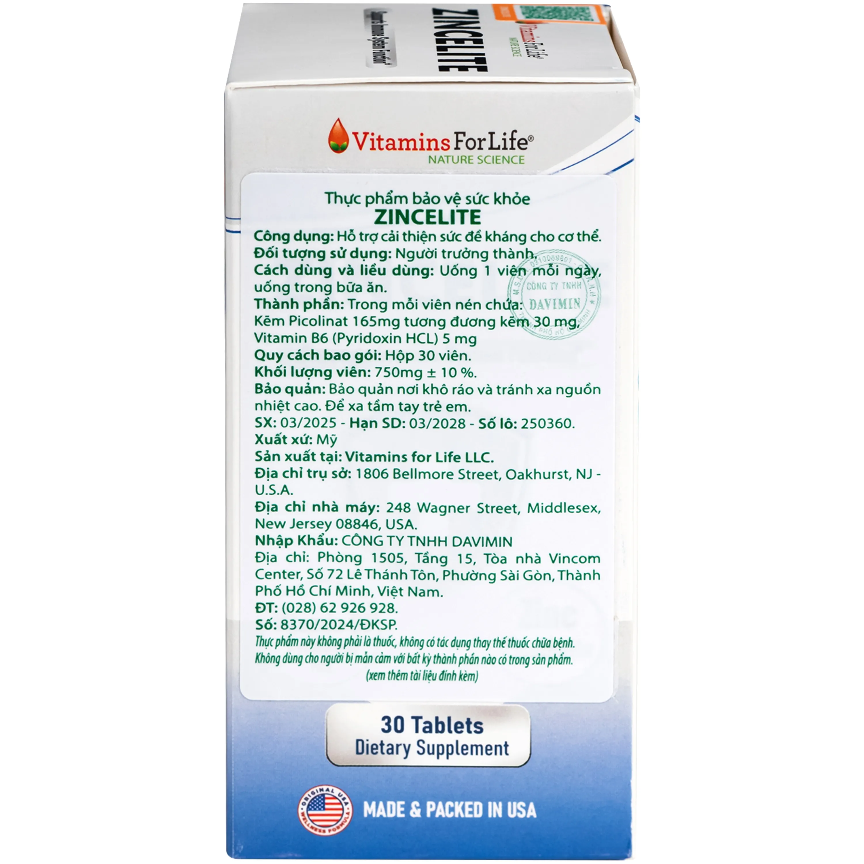 VIÊN UỐNG HỖ TRỢ CẢI THIỆN SỨC ĐỀ KHÁNG CHO CƠ THỂ ZINCELITE VITAMINS FOR LIFE 30V 10