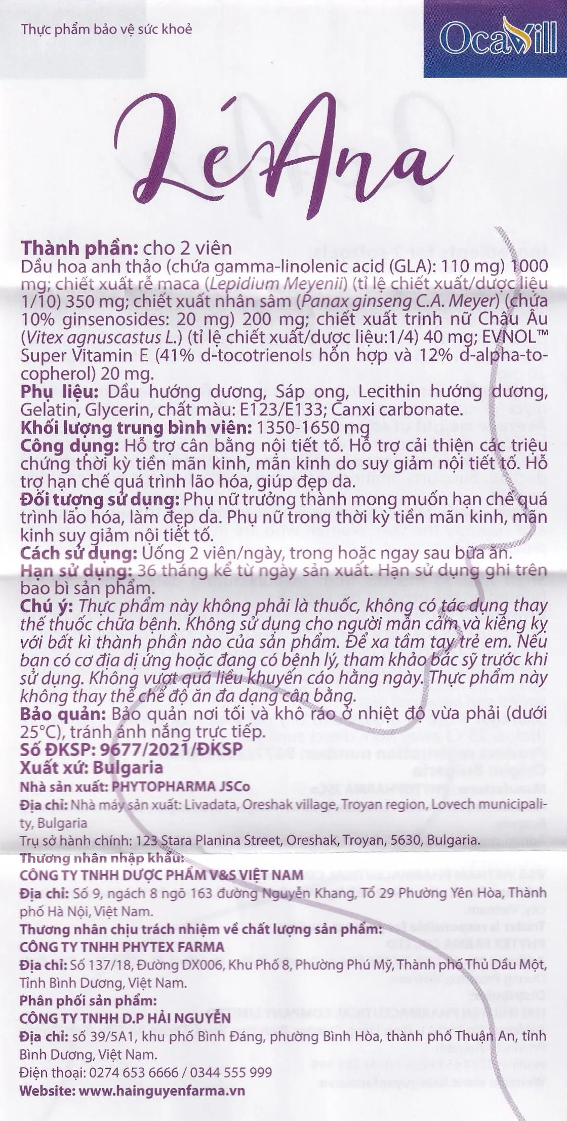 VIÊN UỐNG HỖ TRỢ CÂN BẰNG NỘI TIẾT TỐ, CẢI THIỆN TRIỆU CHỨNG TIỀN MÃN KINH LÉANA OCAVILL 3X20 11