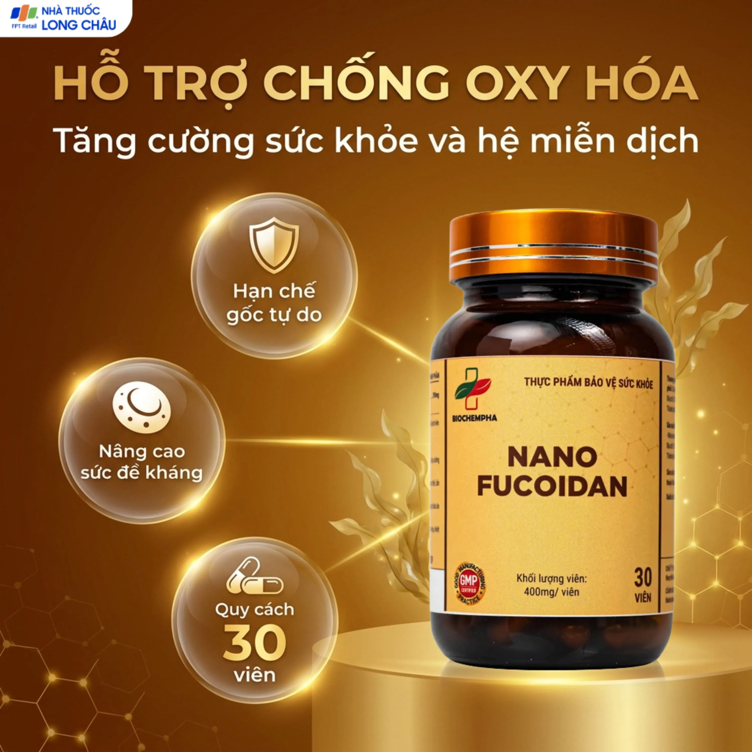 VIÊN UỐNG HỖ TRỢ CHỐNG OXY HÓA, HẠN CHẾ GỐC TỰ DO, TĂNG CƯỜNG SỨC KHỎE NANO FUCOIDAN BIOCHEMPHA 30V 2