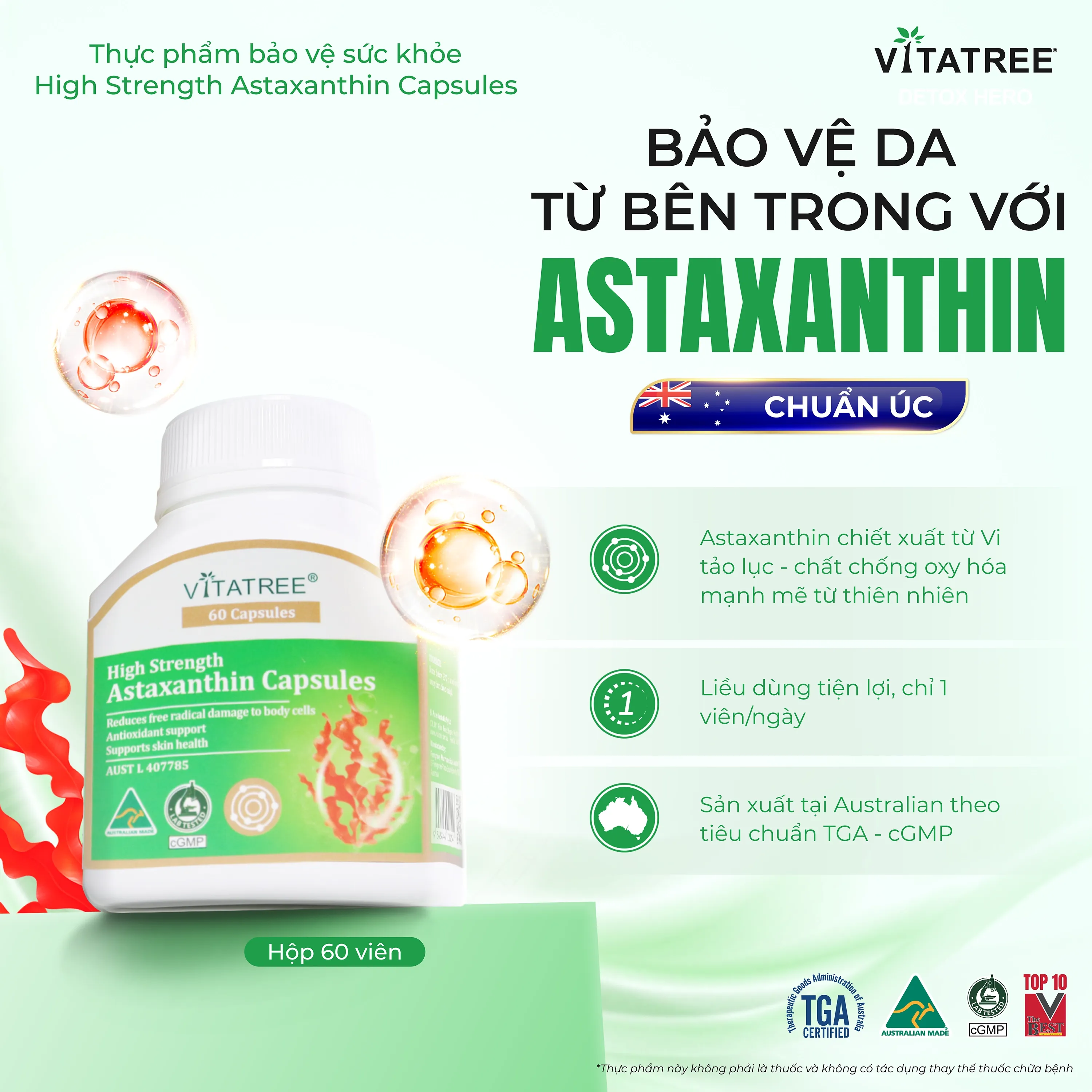VIÊN UỐNG HỖ TRỢ CHỐNG OXY HOÁ, ĐẸP DA, TĂNG CƯỜNG SỨC ĐỀ KHÁNG VITATREE HIGH STRENGTH ASTAXANTHIN 60V 2