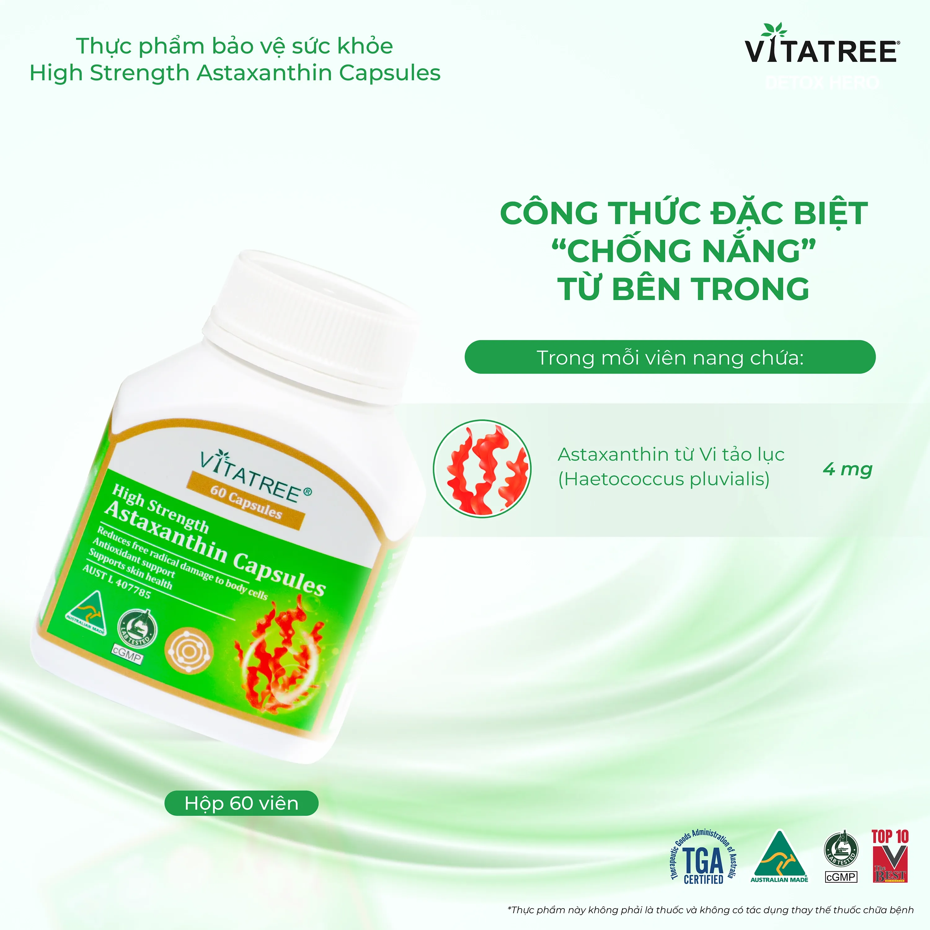 VIÊN UỐNG HỖ TRỢ CHỐNG OXY HOÁ, ĐẸP DA, TĂNG CƯỜNG SỨC ĐỀ KHÁNG VITATREE HIGH STRENGTH ASTAXANTHIN 60V 3