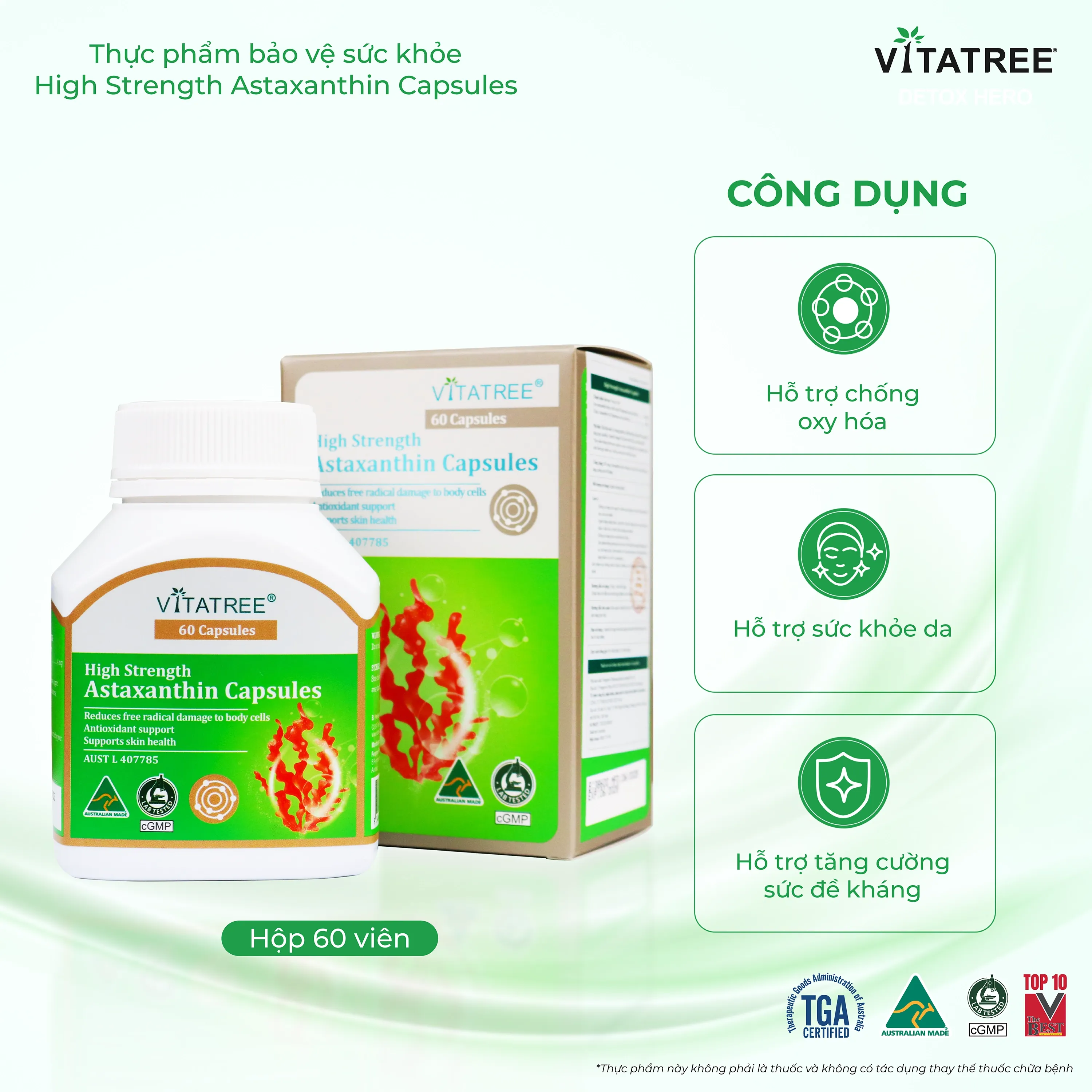 VIÊN UỐNG HỖ TRỢ CHỐNG OXY HOÁ, ĐẸP DA, TĂNG CƯỜNG SỨC ĐỀ KHÁNG VITATREE HIGH STRENGTH ASTAXANTHIN 60V 4