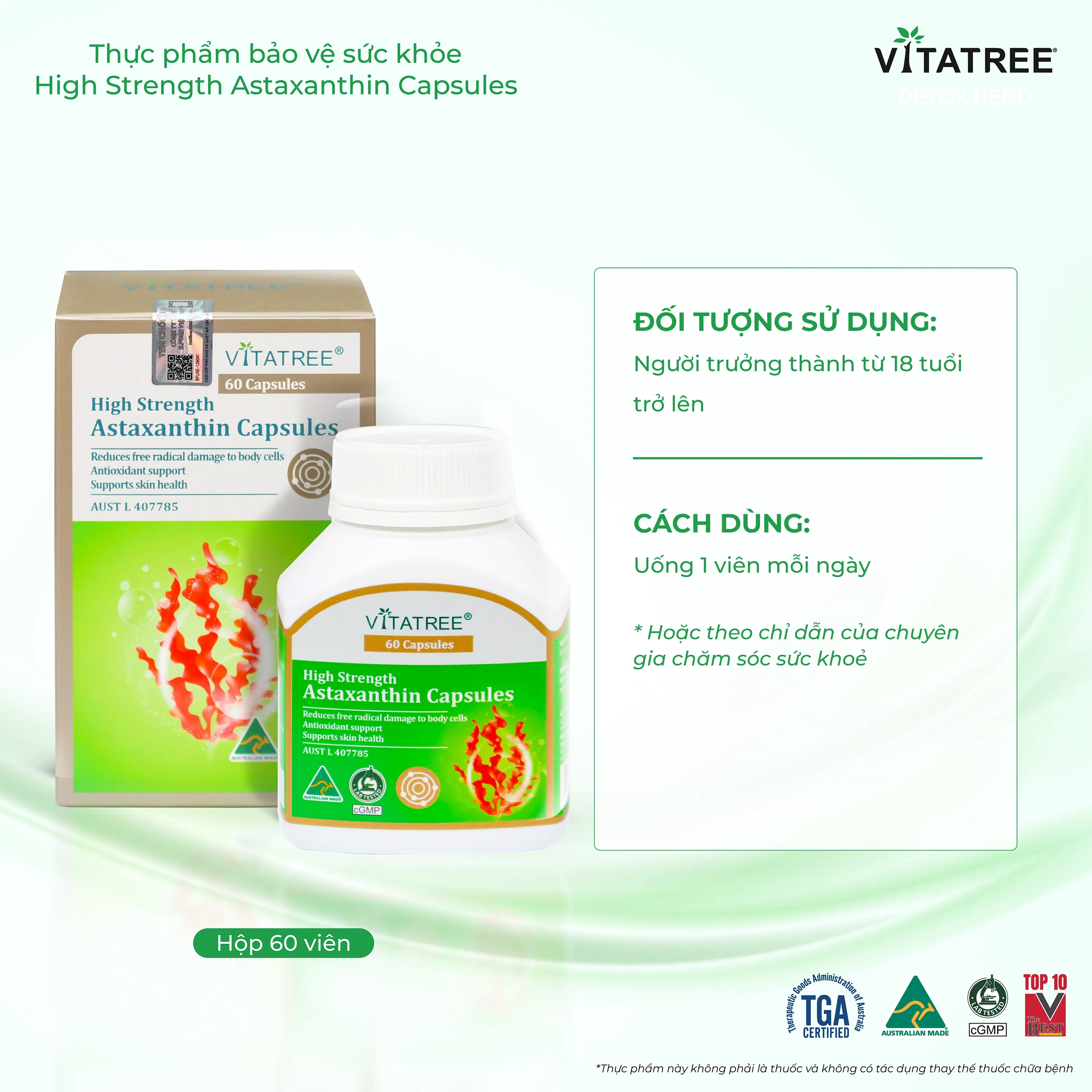 VIÊN UỐNG HỖ TRỢ CHỐNG OXY HOÁ, ĐẸP DA, TĂNG CƯỜNG SỨC ĐỀ KHÁNG VITATREE HIGH STRENGTH ASTAXANTHIN 60V 5