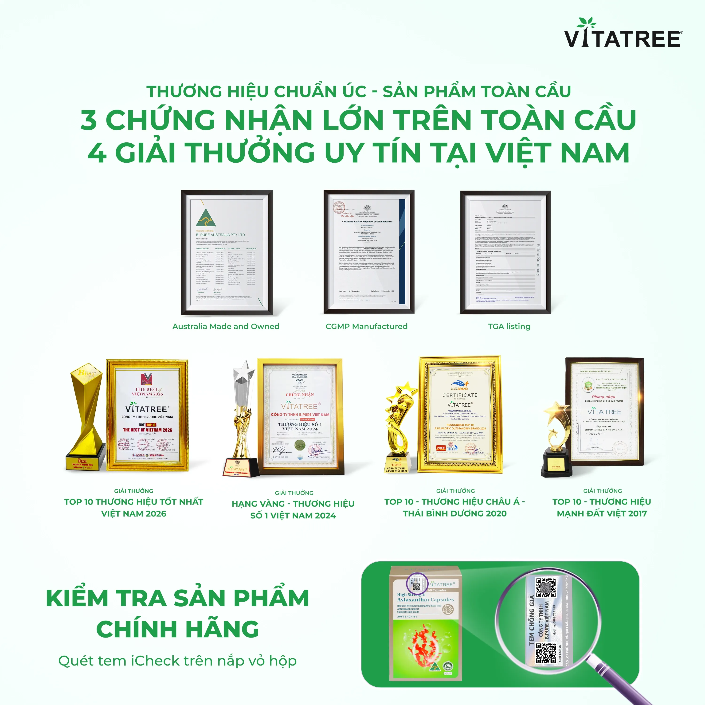 VIÊN UỐNG HỖ TRỢ CHỐNG OXY HOÁ, ĐẸP DA, TĂNG CƯỜNG SỨC ĐỀ KHÁNG VITATREE HIGH STRENGTH ASTAXANTHIN 60V 6