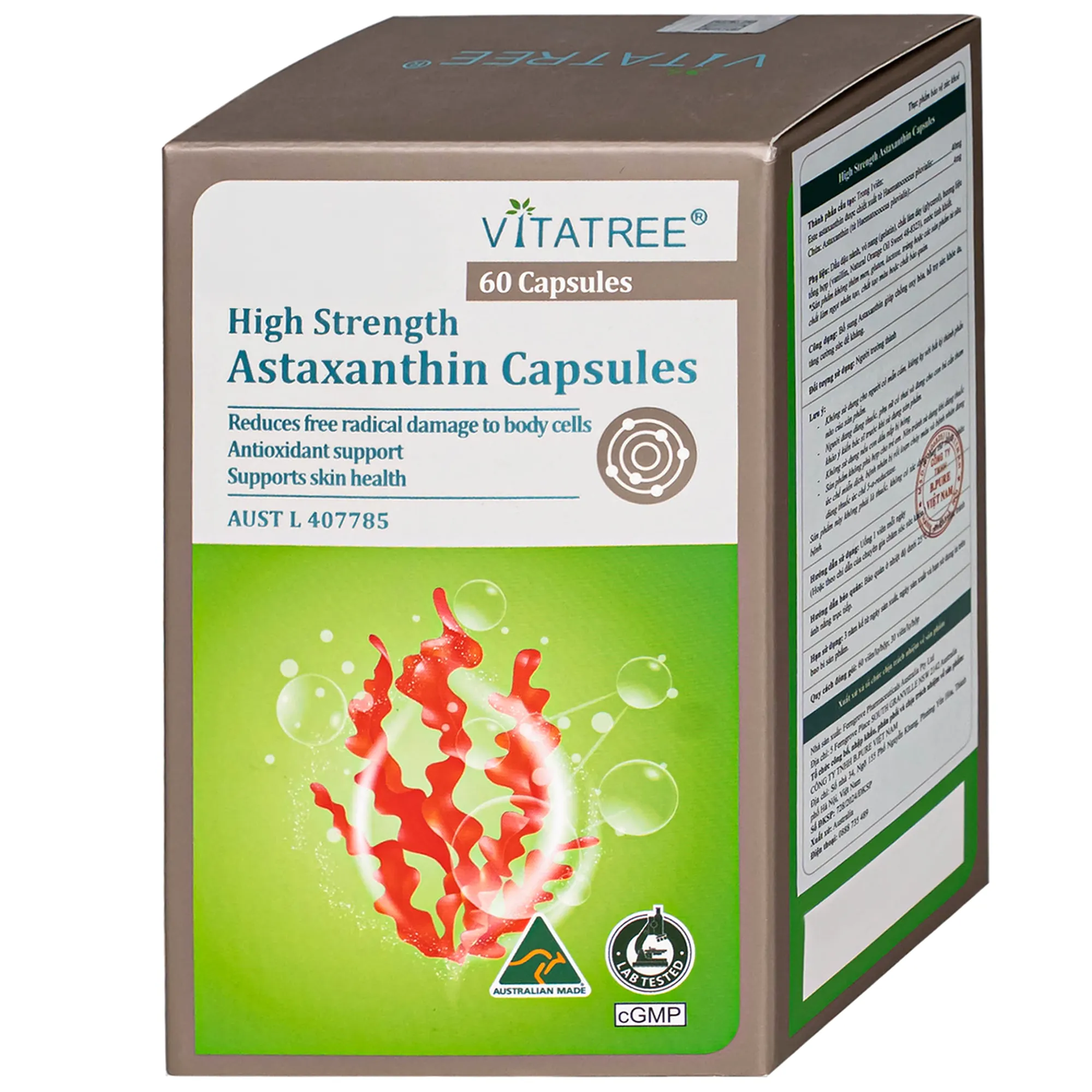 VIÊN UỐNG HỖ TRỢ CHỐNG OXY HOÁ, ĐẸP DA, TĂNG CƯỜNG SỨC ĐỀ KHÁNG VITATREE HIGH STRENGTH ASTAXANTHIN 60V 8