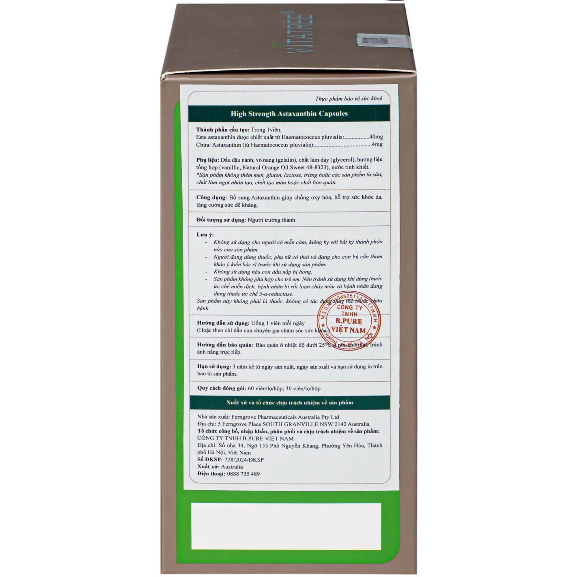VIÊN UỐNG HỖ TRỢ CHỐNG OXY HOÁ, ĐẸP DA, TĂNG CƯỜNG SỨC ĐỀ KHÁNG VITATREE HIGH STRENGTH ASTAXANTHIN 60V 9