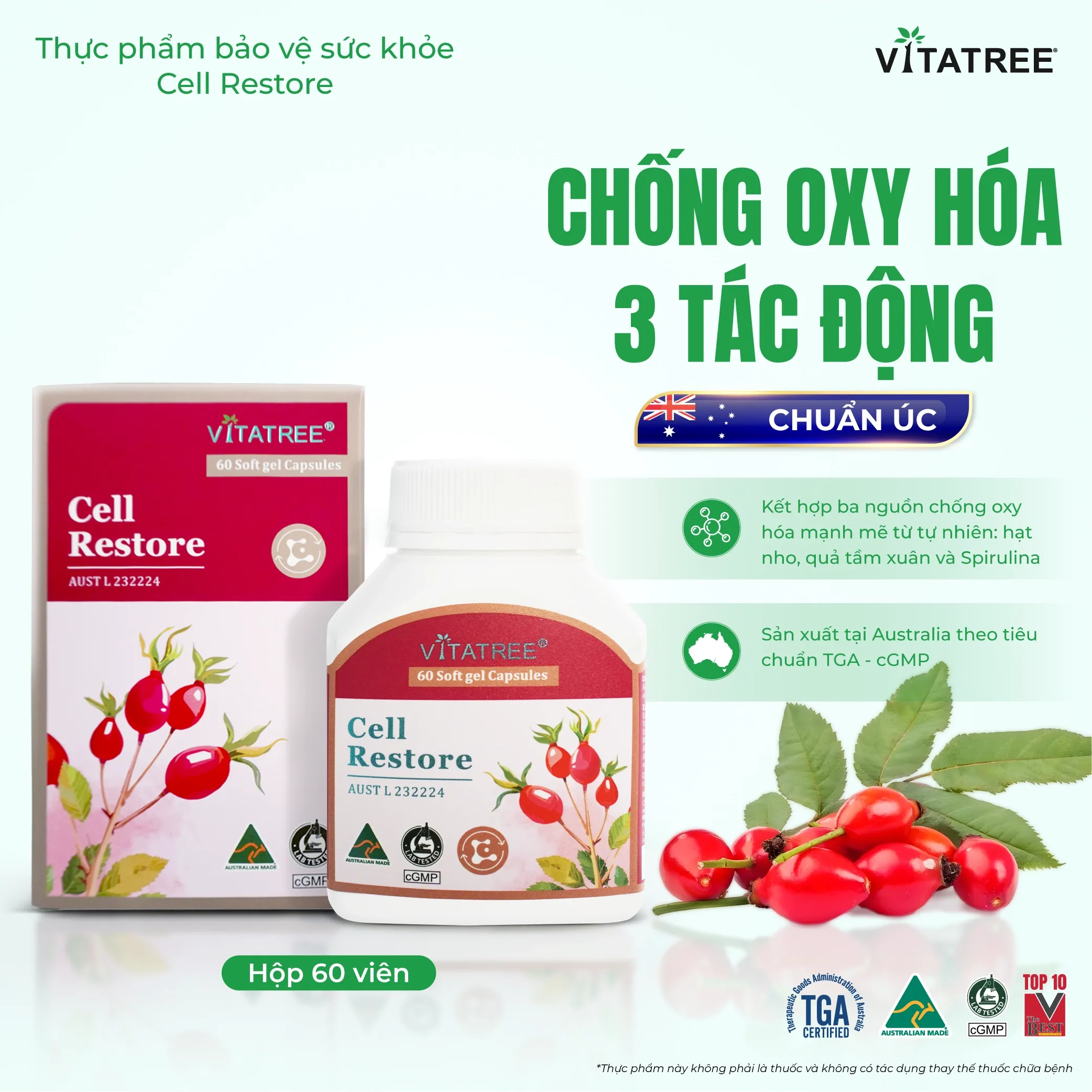 VIÊN UỐNG HỖ TRỢ CHỐNG OXY HOÁ, HỖ TRỢ DUY TRÌ SỨC KHOẺ, TỐT CHO MẮT VITATREE CELL RESTORE 60V 2