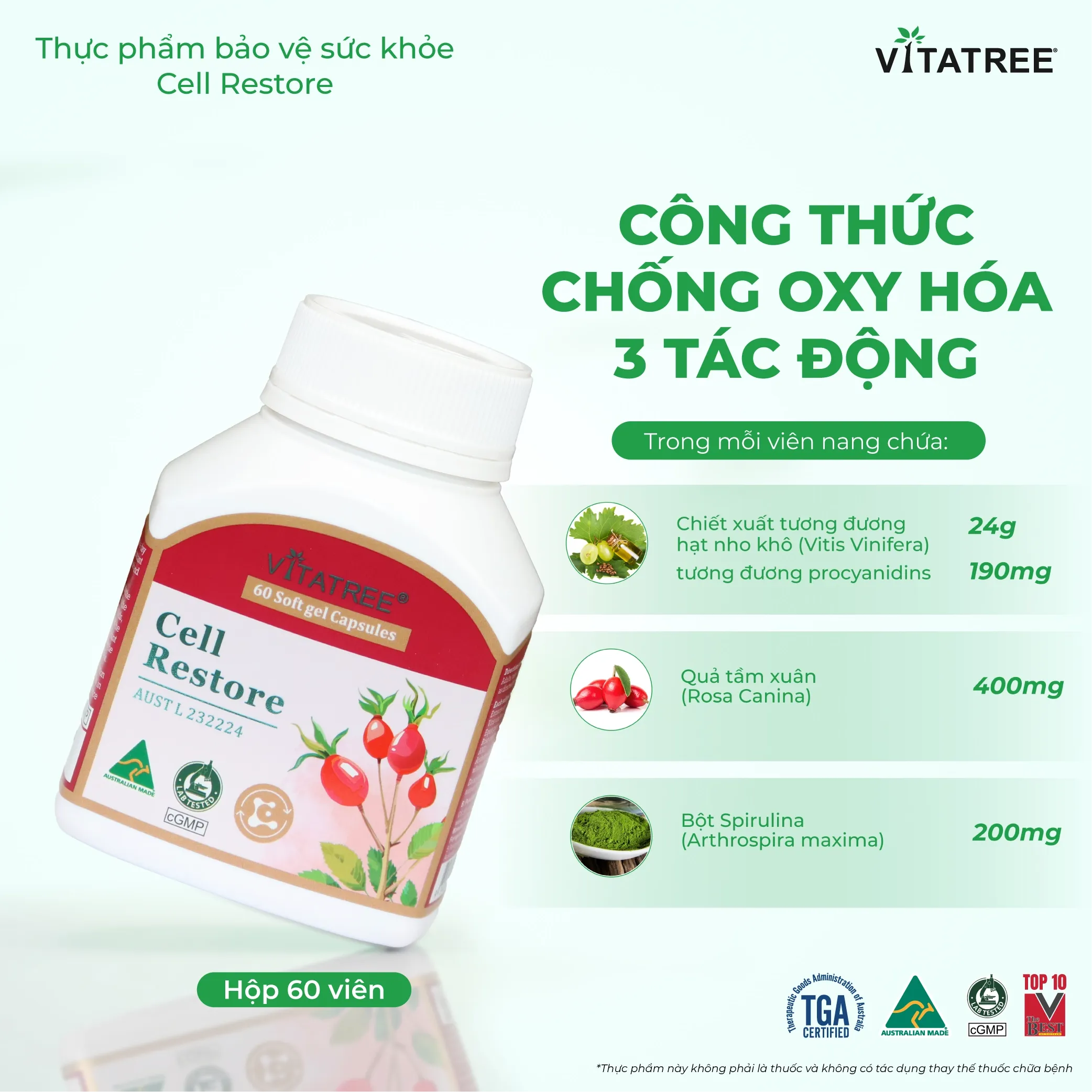 VIÊN UỐNG HỖ TRỢ CHỐNG OXY HOÁ, HỖ TRỢ DUY TRÌ SỨC KHOẺ, TỐT CHO MẮT VITATREE CELL RESTORE 60V 3