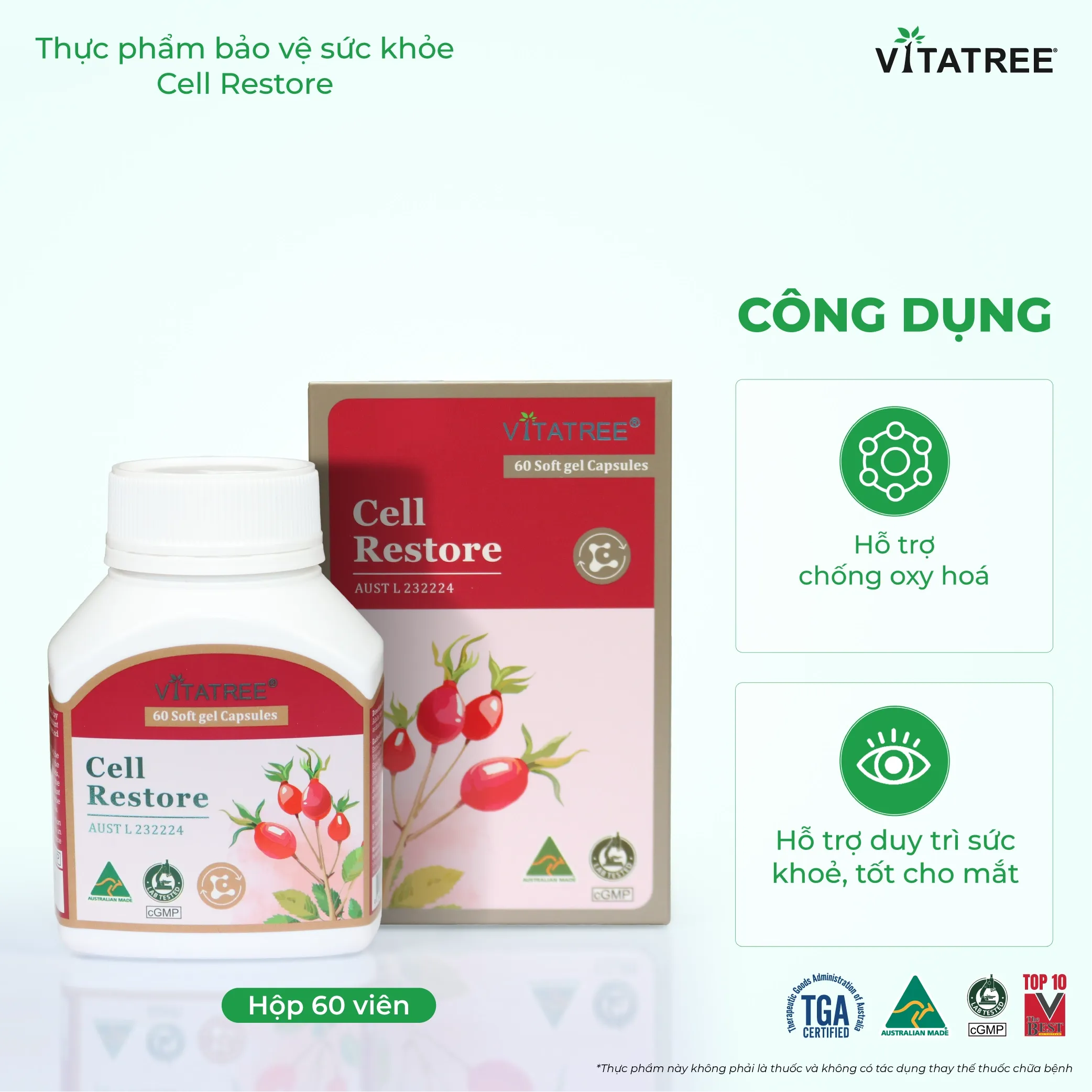 VIÊN UỐNG HỖ TRỢ CHỐNG OXY HOÁ, HỖ TRỢ DUY TRÌ SỨC KHOẺ, TỐT CHO MẮT VITATREE CELL RESTORE 60V 4