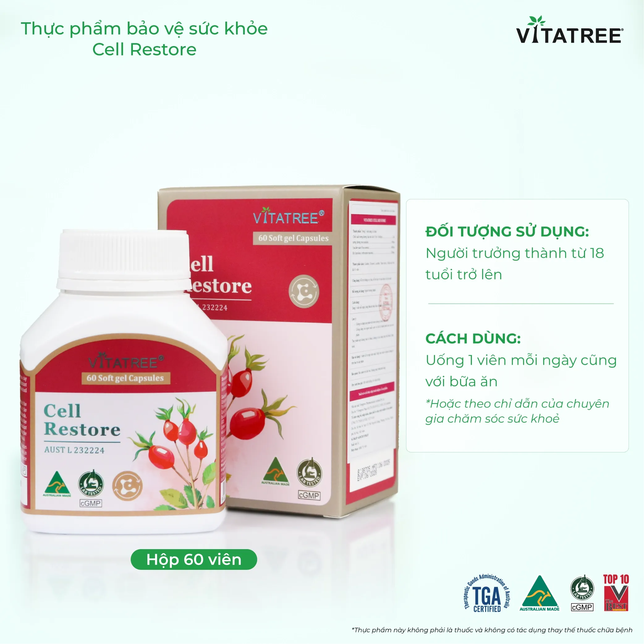 VIÊN UỐNG HỖ TRỢ CHỐNG OXY HOÁ, HỖ TRỢ DUY TRÌ SỨC KHOẺ, TỐT CHO MẮT VITATREE CELL RESTORE 60V 5