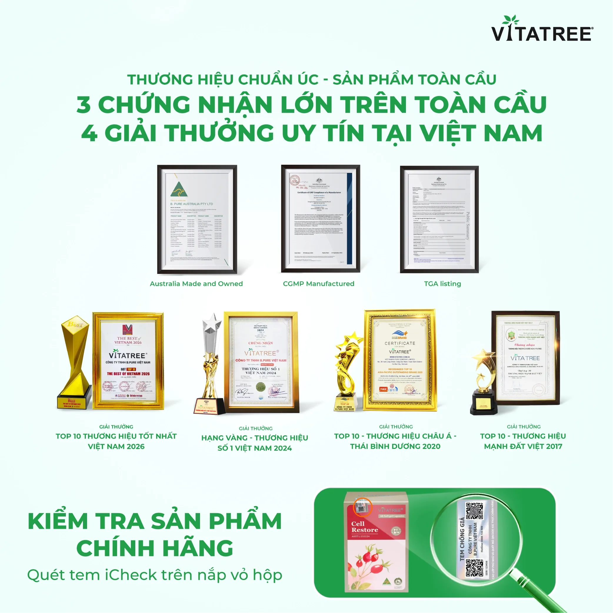 VIÊN UỐNG HỖ TRỢ CHỐNG OXY HOÁ, HỖ TRỢ DUY TRÌ SỨC KHOẺ, TỐT CHO MẮT VITATREE CELL RESTORE 60V 6