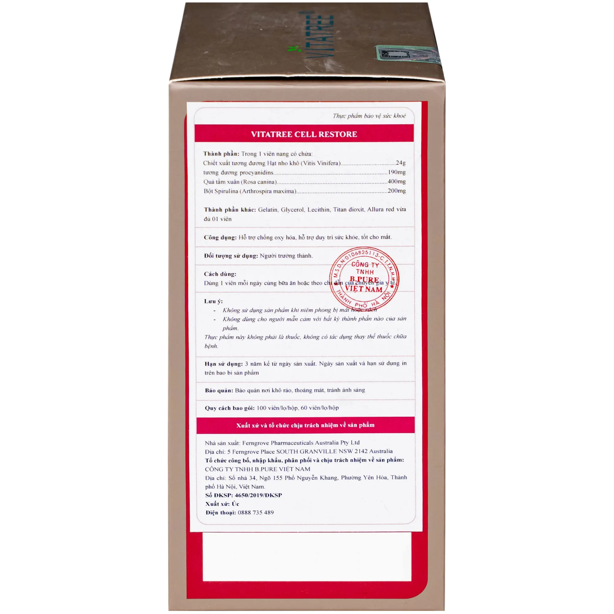 VIÊN UỐNG HỖ TRỢ CHỐNG OXY HOÁ, HỖ TRỢ DUY TRÌ SỨC KHOẺ, TỐT CHO MẮT VITATREE CELL RESTORE 60V 9