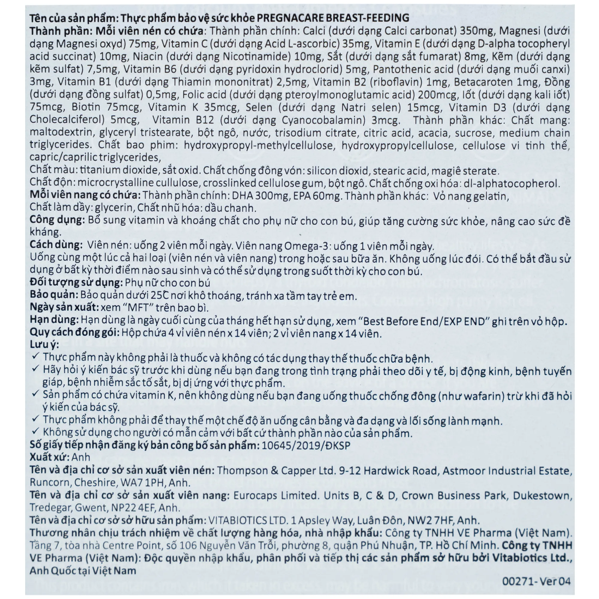 VIÊN UỐNG HỖ TRỢ CHO PHỤ NỮ CHO CON BÚ PREGNACARE BREAST-FEEDING VITABIOTICS 84V 14