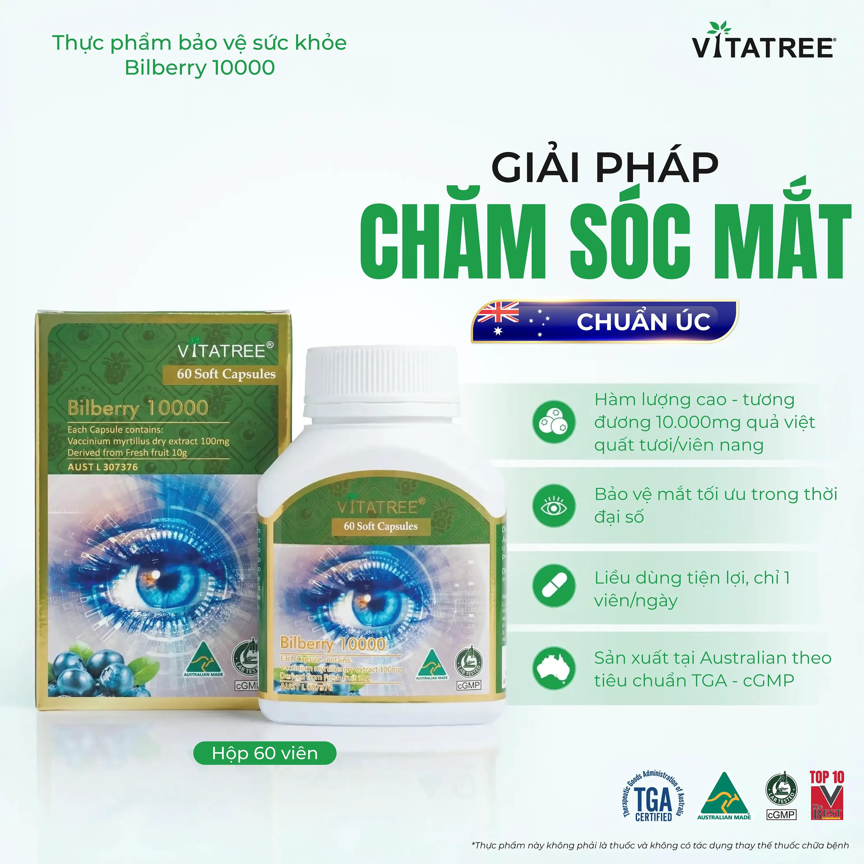 VIÊN UỐNG HỖ TRỢ DUY TRÌ SỨC KHOẺ CỦA MẮT VÀ TĂNG CƯỜNG THỊ LỰC VITATREE BILBERRY 10000 60V 2
