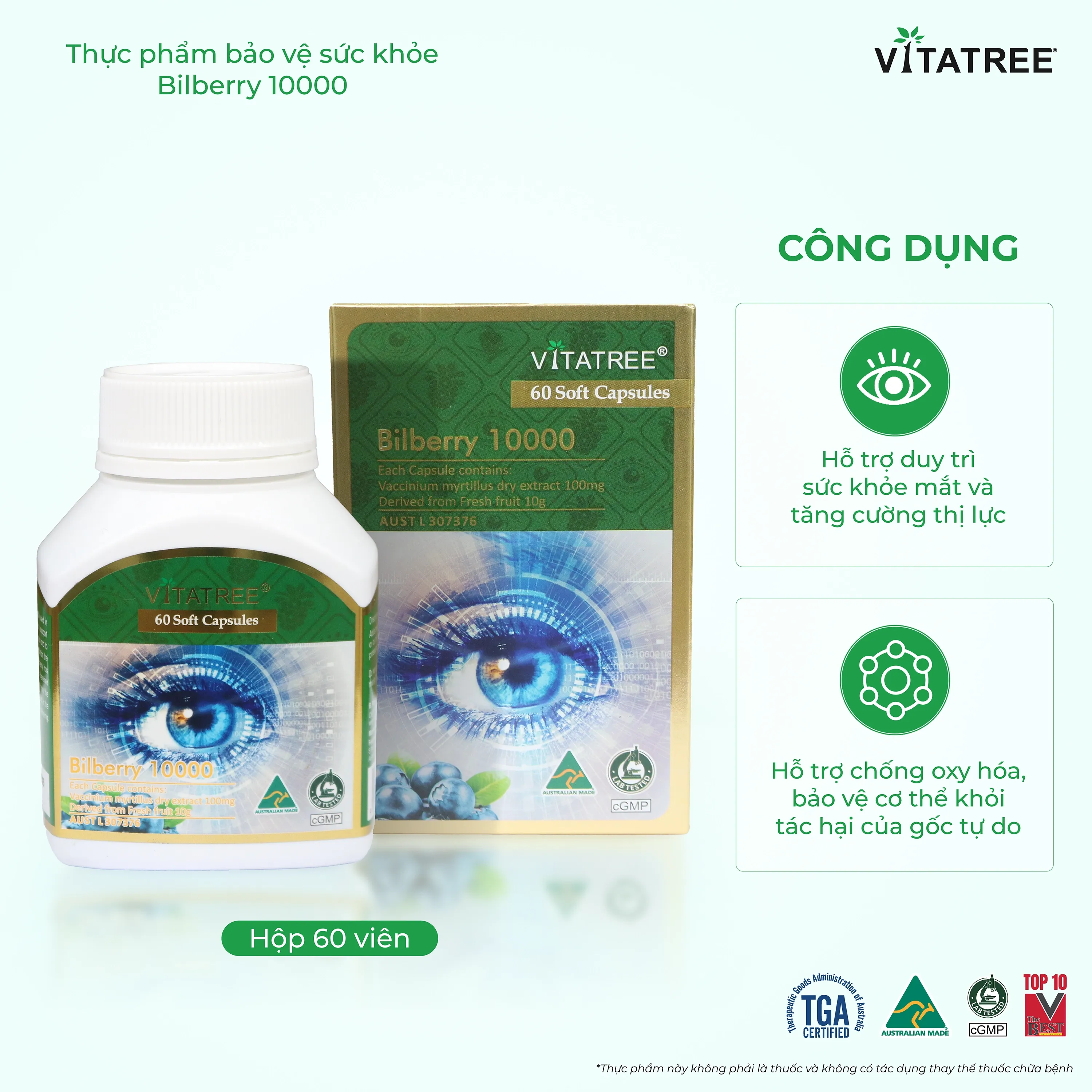 VIÊN UỐNG HỖ TRỢ DUY TRÌ SỨC KHOẺ CỦA MẮT VÀ TĂNG CƯỜNG THỊ LỰC VITATREE BILBERRY 10000 60V 4