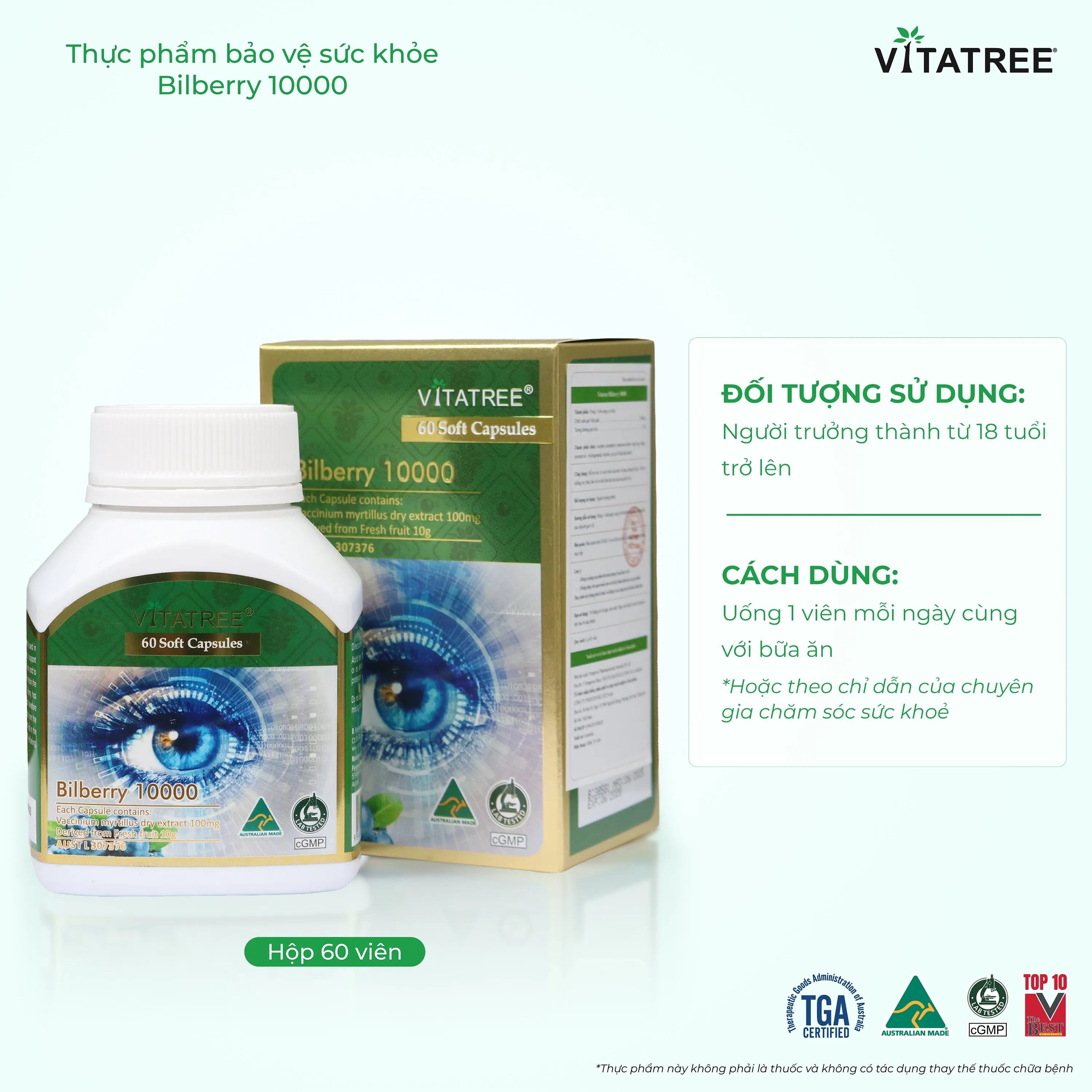 VIÊN UỐNG HỖ TRỢ DUY TRÌ SỨC KHOẺ CỦA MẮT VÀ TĂNG CƯỜNG THỊ LỰC VITATREE BILBERRY 10000 60V 5