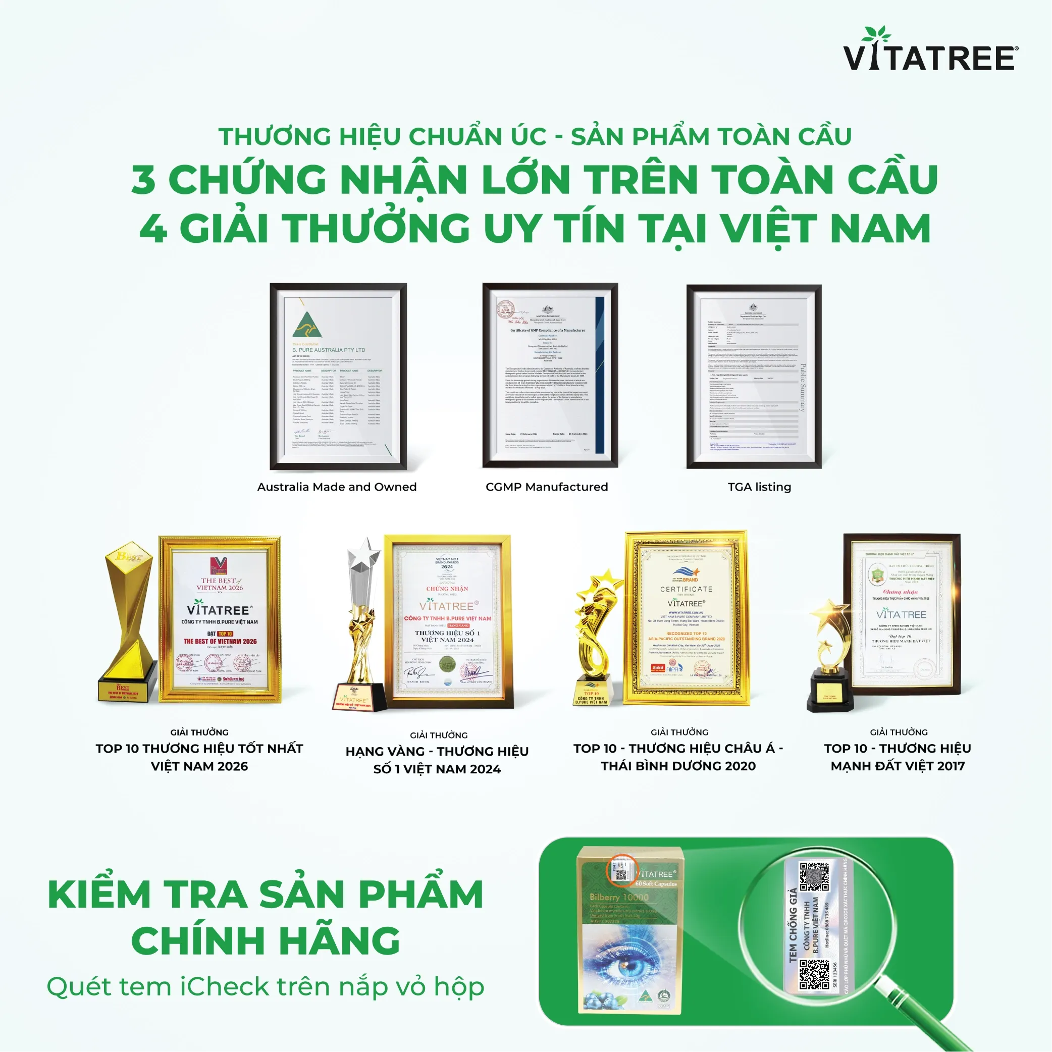 VIÊN UỐNG HỖ TRỢ DUY TRÌ SỨC KHOẺ CỦA MẮT VÀ TĂNG CƯỜNG THỊ LỰC VITATREE BILBERRY 10000 60V 6