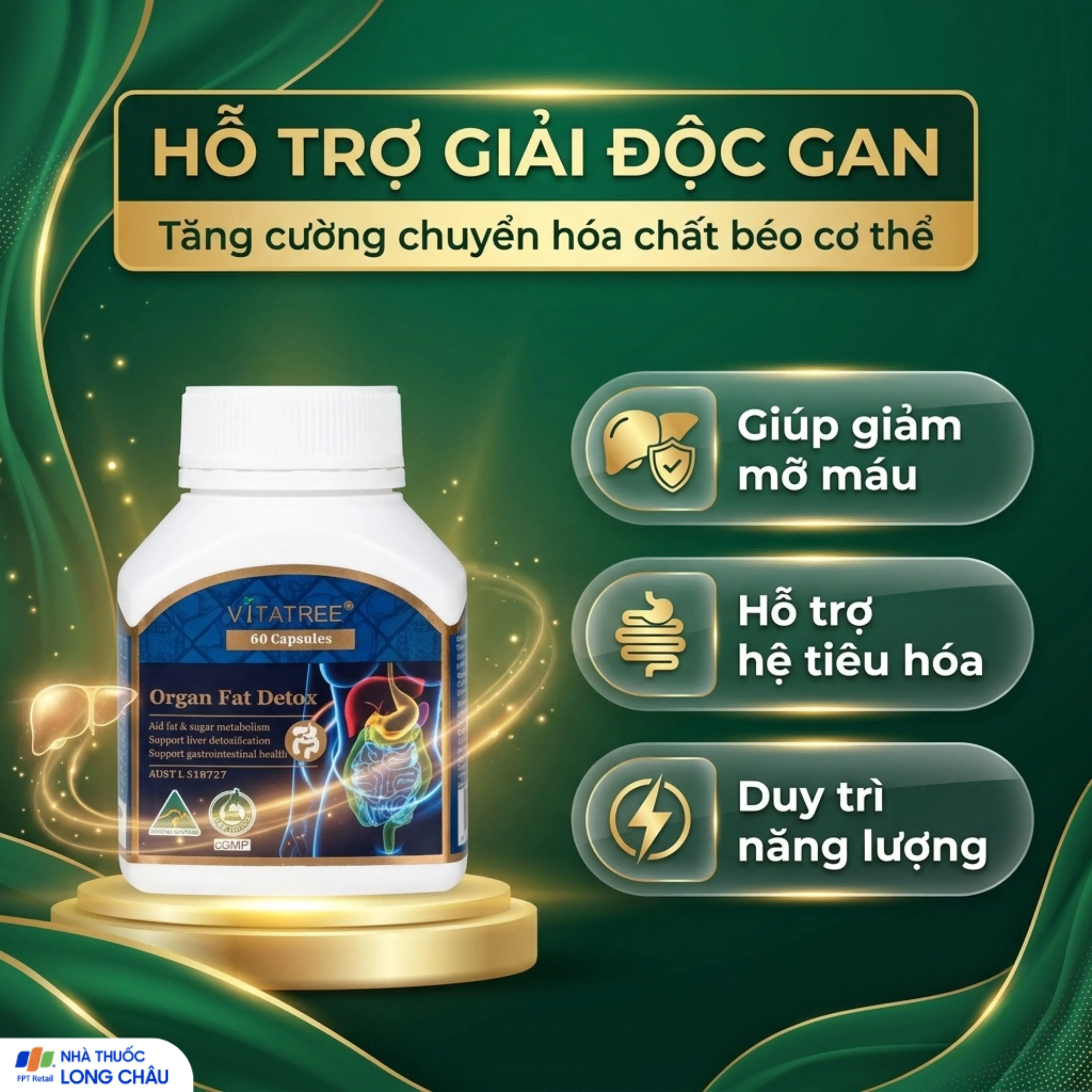 VIÊN UỐNG HỖ TRỢ GIẢI ĐỘC GAN, TĂNG CƯỜNG CHUYỂN HOÁ CHẤT BÉO, GIÚP GIẢM MỠ MÁU VITATREE ORGAN FAT DETOX 60V 3