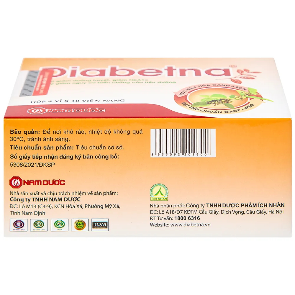 VIÊN UỐNG HỖ TRỢ GIẢM ĐƯỜNG HUYẾT DIABETNA NAM DƯỢC 4X10 4