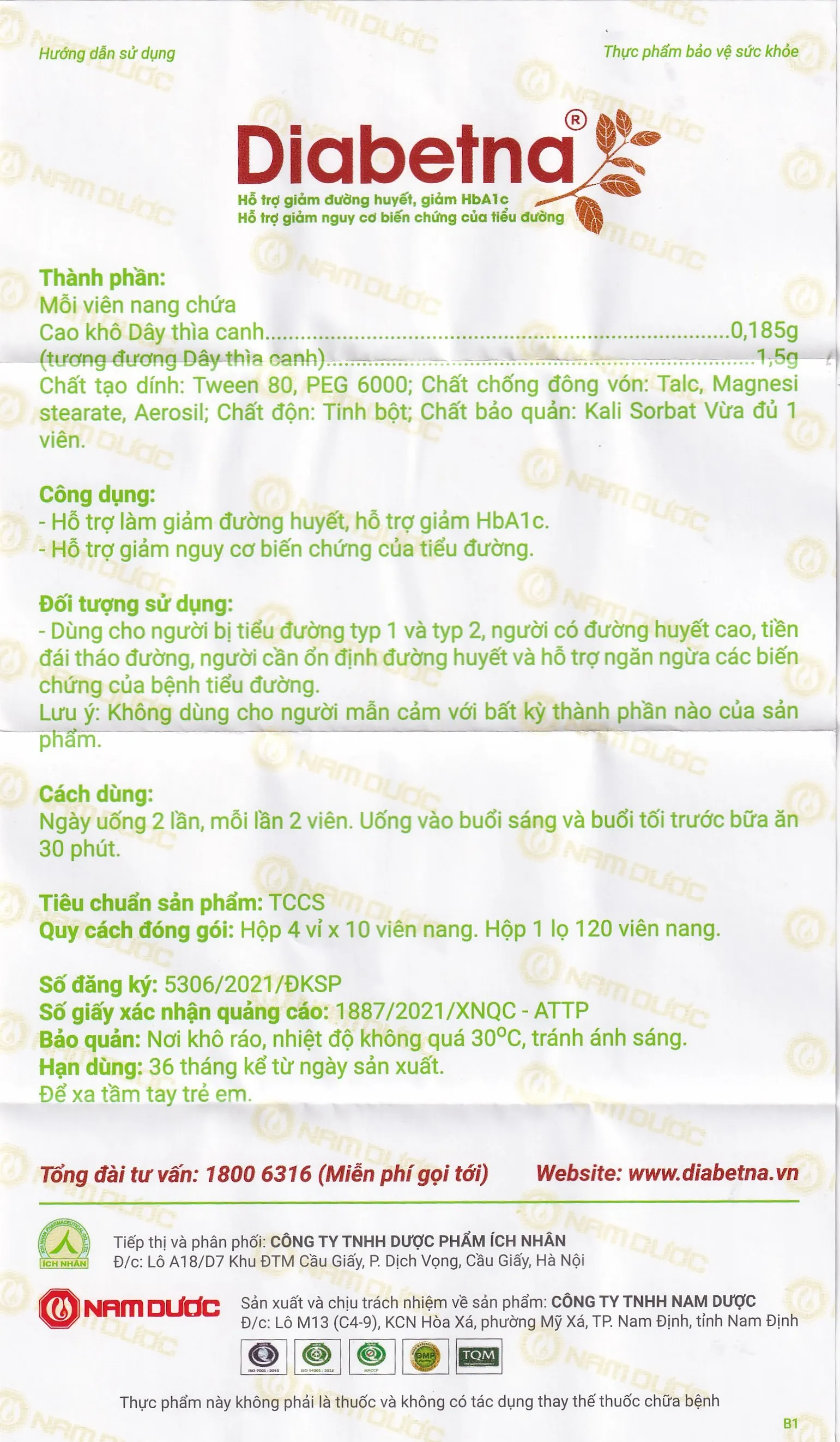 VIÊN UỐNG HỖ TRỢ GIẢM ĐƯỜNG HUYẾT DIABETNA NAM DƯỢC 4X10 7
