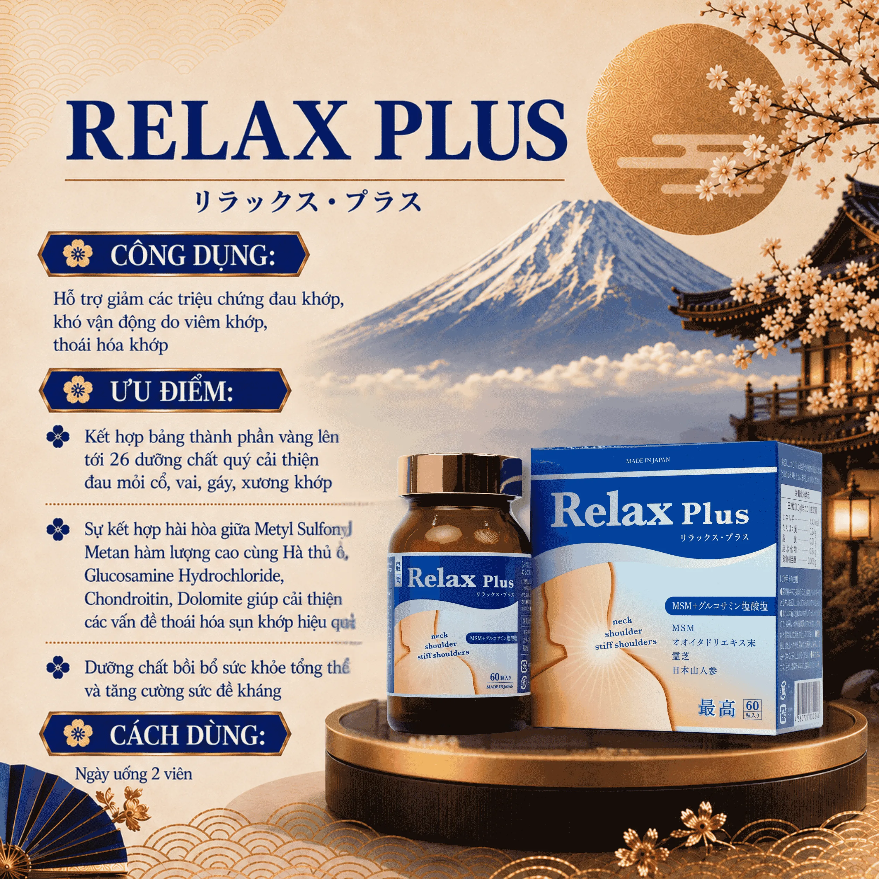 VIÊN UỐNG HỖ TRỢ GIẢM ĐAU KHỚP, THOÁI HÓA KHỚP RELAX PLUS JPANWELL 60V 2