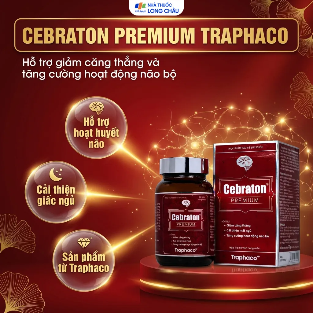 VIÊN UỐNG HỖ TRỢ GIẢM CĂNG THẲNG, CẢI THIỆN MẤT NGỦ, TĂNG CƯỜNG HOẠT ĐỘNG NÃO BỘ CEBRATON PREMIUM TRAPHACO 60V 2