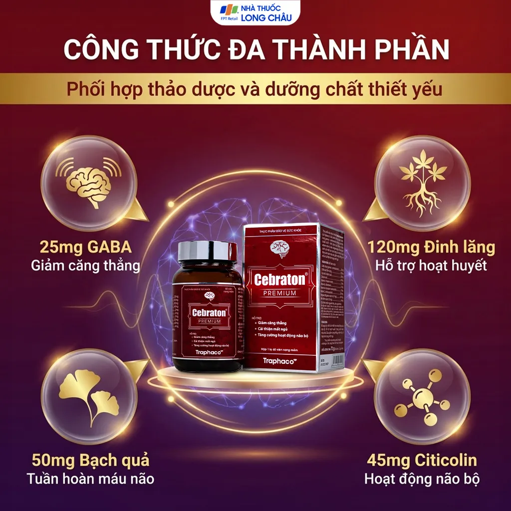 VIÊN UỐNG HỖ TRỢ GIẢM CĂNG THẲNG, CẢI THIỆN MẤT NGỦ, TĂNG CƯỜNG HOẠT ĐỘNG NÃO BỘ CEBRATON PREMIUM TRAPHACO 60V 4