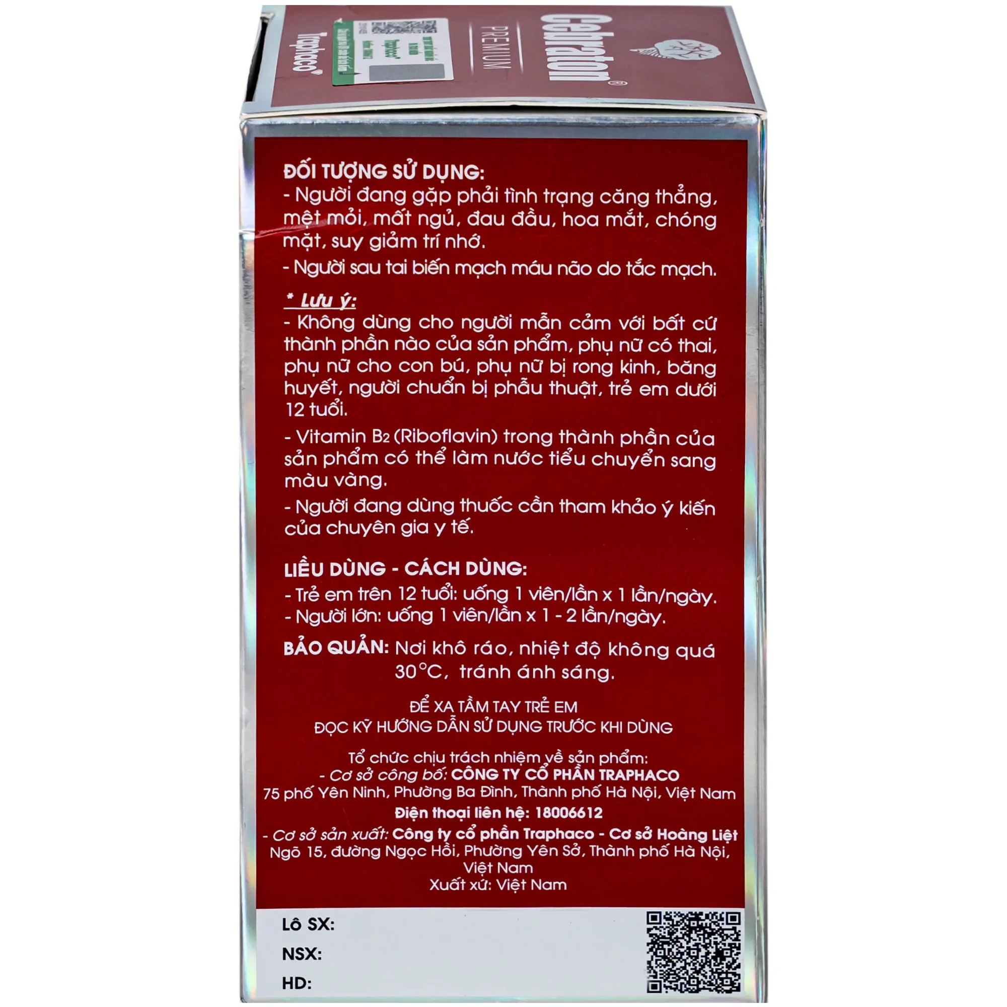VIÊN UỐNG HỖ TRỢ GIẢM CĂNG THẲNG, CẢI THIỆN MẤT NGỦ, TĂNG CƯỜNG HOẠT ĐỘNG NÃO BỘ CEBRATON PREMIUM TRAPHACO 60V 9
