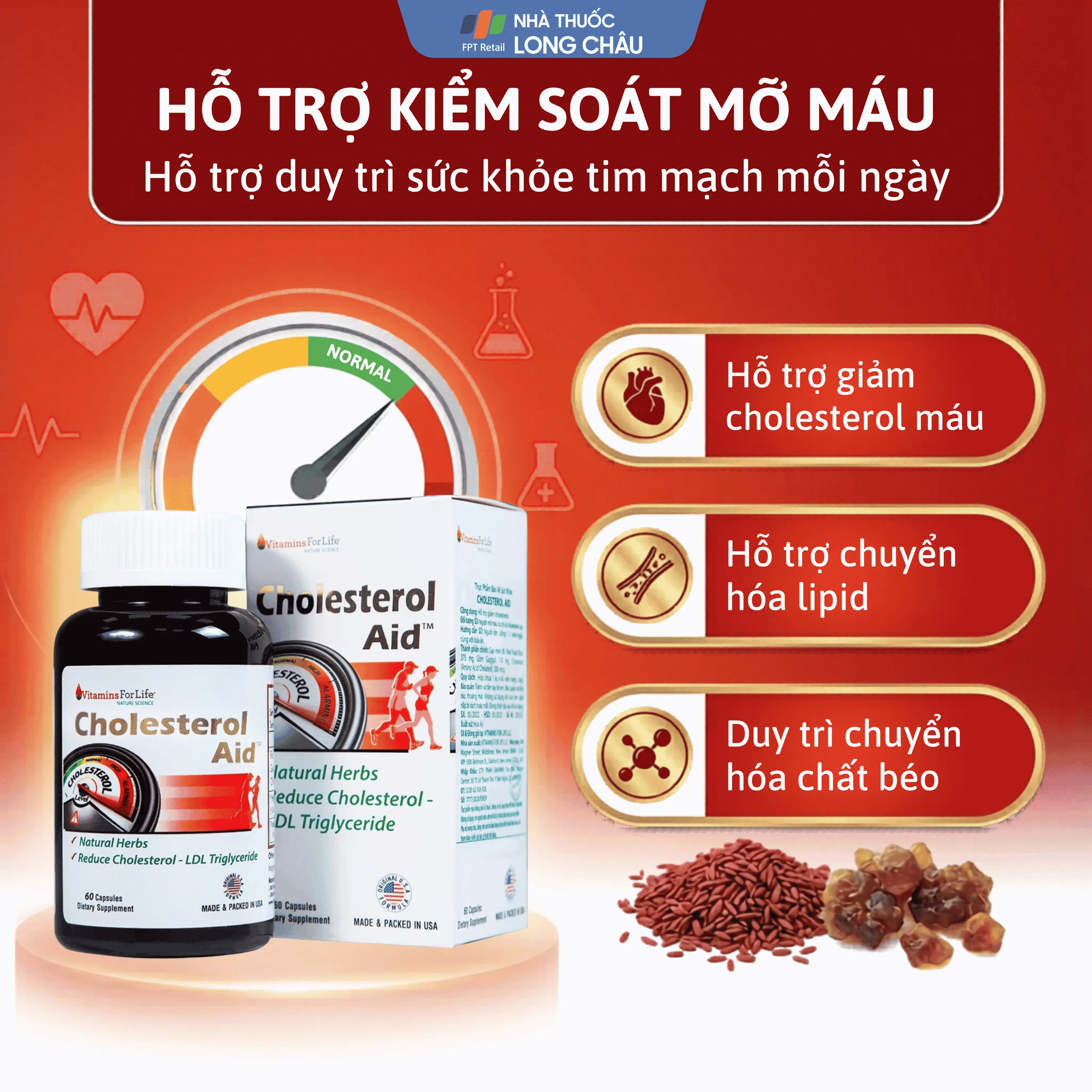 VIÊN UỐNG HỖ TRỢ GIẢM CHOLESTEROL CHO NGƯỜI BỊ MỠ MÁU-CHOLESTEROL AID VITAMINS FOR LIFE 60V 3