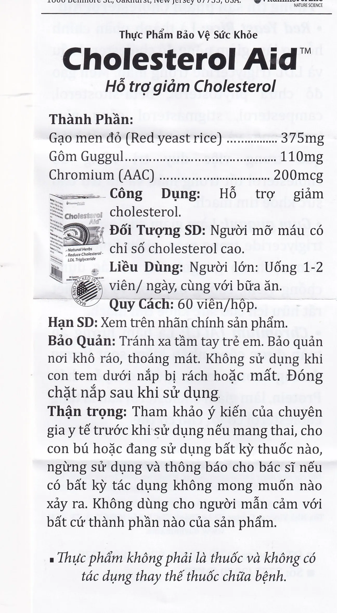 VIÊN UỐNG HỖ TRỢ GIẢM CHOLESTEROL CHO NGƯỜI BỊ MỠ MÁU-CHOLESTEROL AID VITAMINS FOR LIFE 60V 13