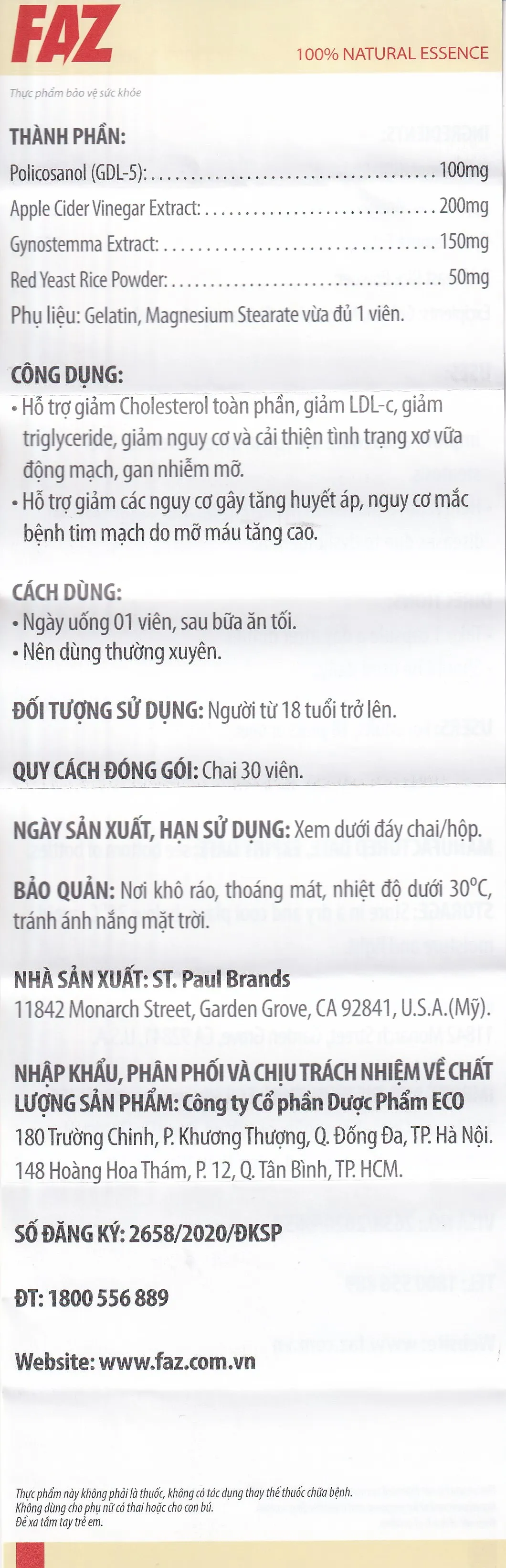 VIÊN UỐNG HỖ TRỢ GIẢM CHOLESTEROL TOÀN PHẦN FAZ ECOGREEN 30V 9