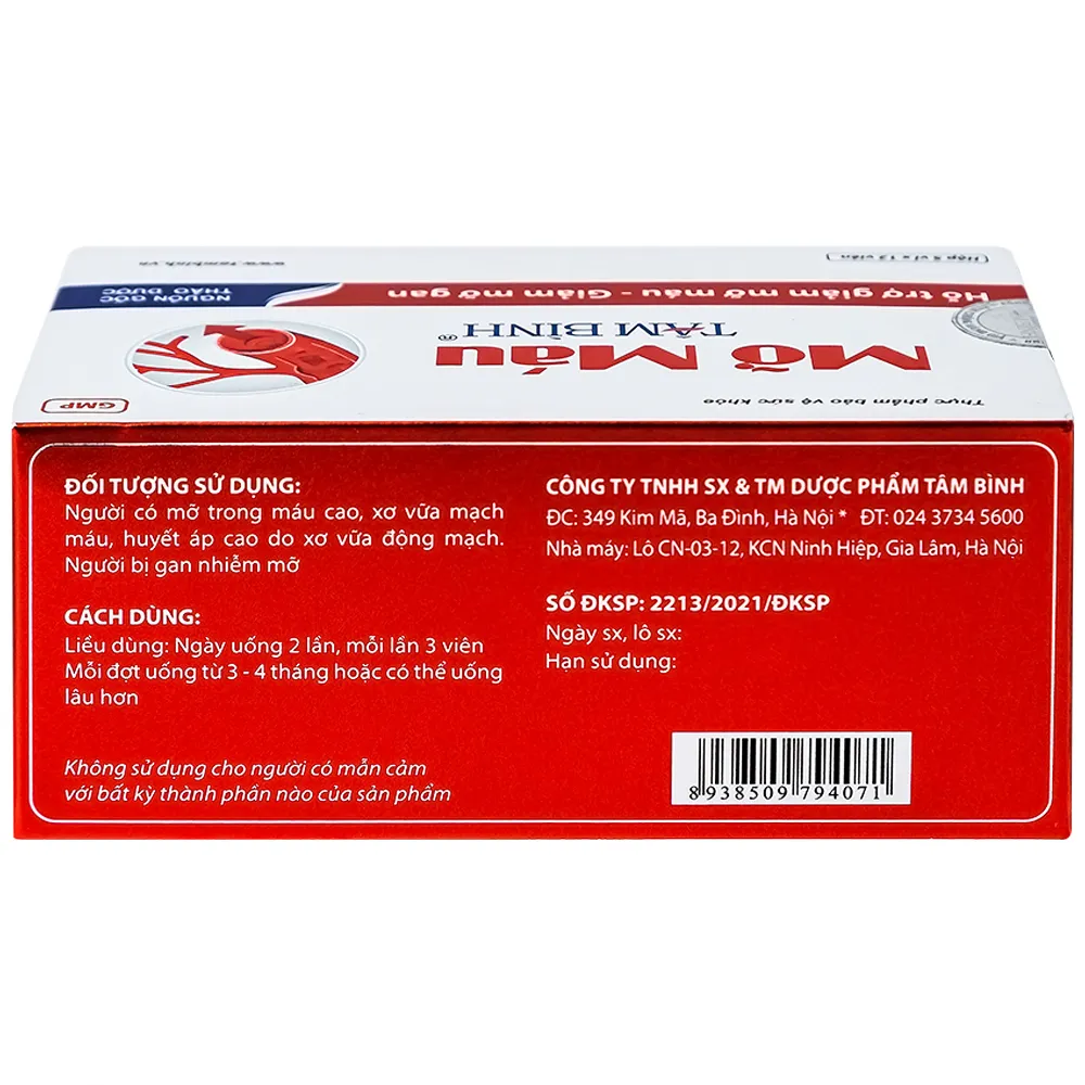 VIÊN UỐNG HỖ TRỢ GIẢM MỠ MÁU TÂM BÌNH 5X12 9