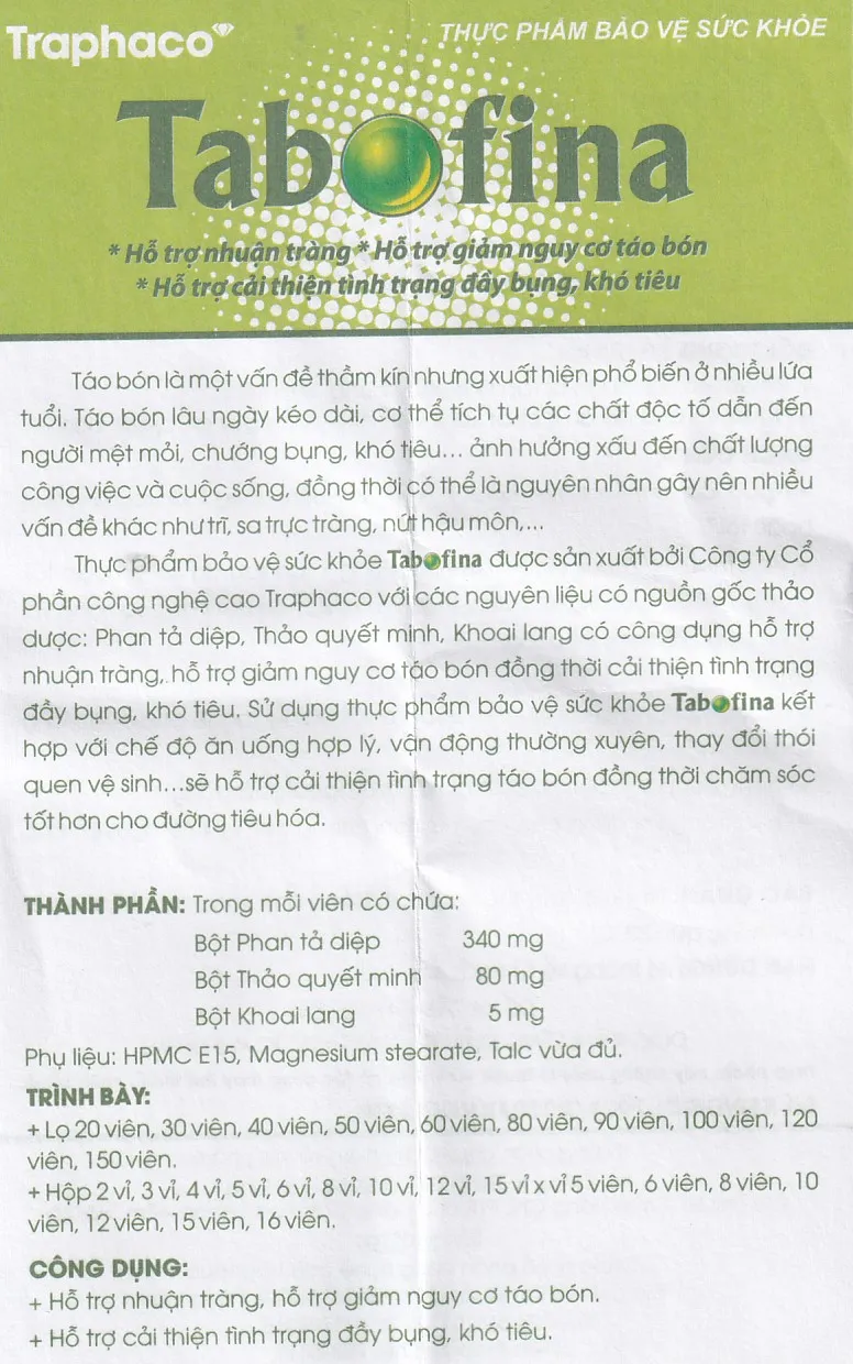 VIÊN UỐNG HỖ TRỢ GIẢM NGUY CƠ TÁO BÓN TABOFINA TRAPHACO 3X10 14