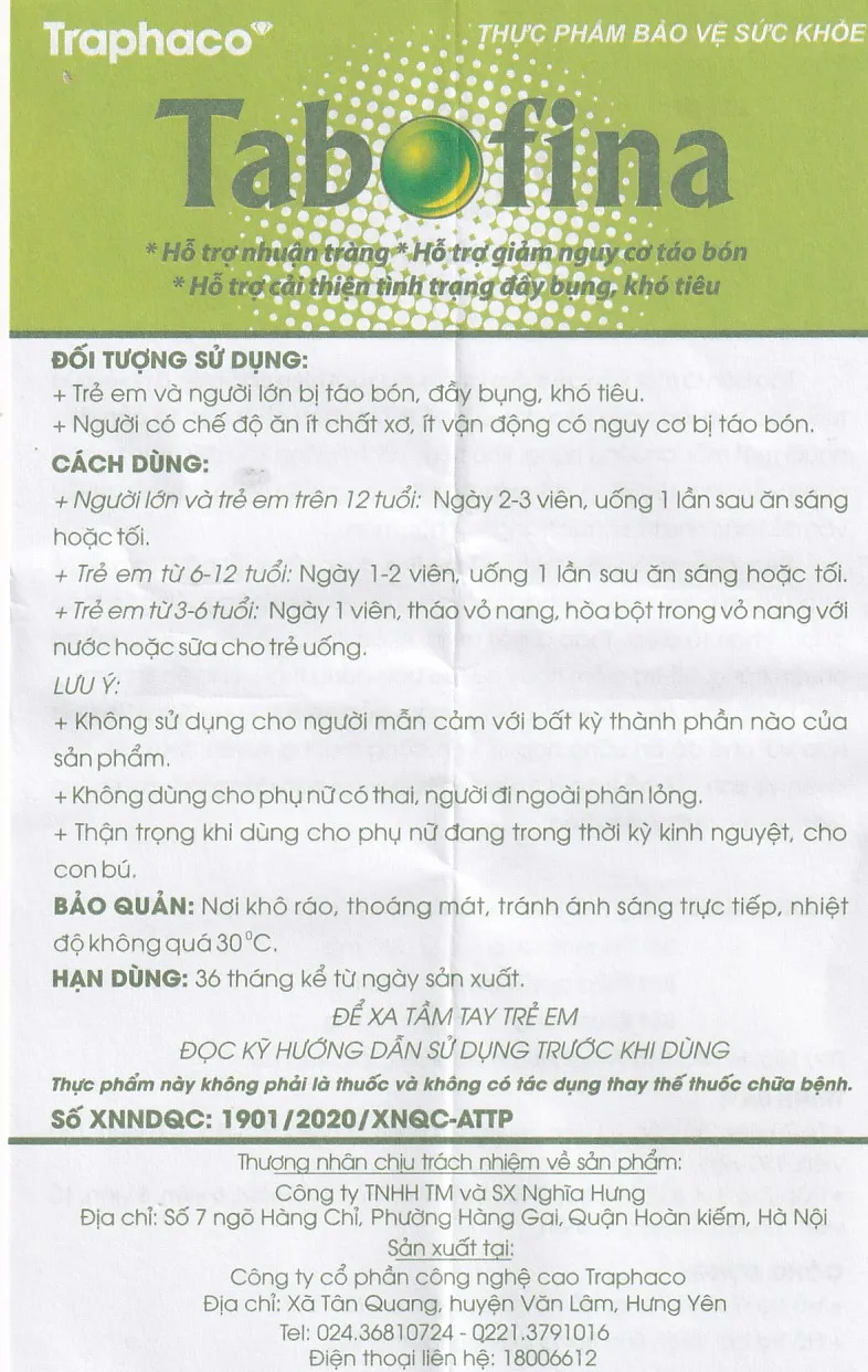 VIÊN UỐNG HỖ TRỢ GIẢM NGUY CƠ TÁO BÓN TABOFINA TRAPHACO 3X10 15