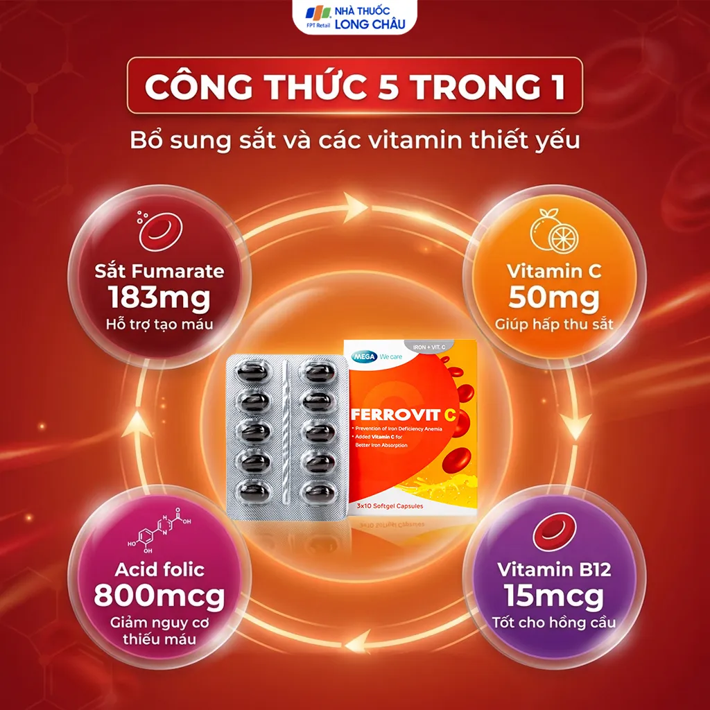 VIÊN UỐNG HỖ TRỢ GIẢM NGUY CƠ THIẾU MÁU DO THIẾU SẮT FERROVIT C MEGA 3X10 3