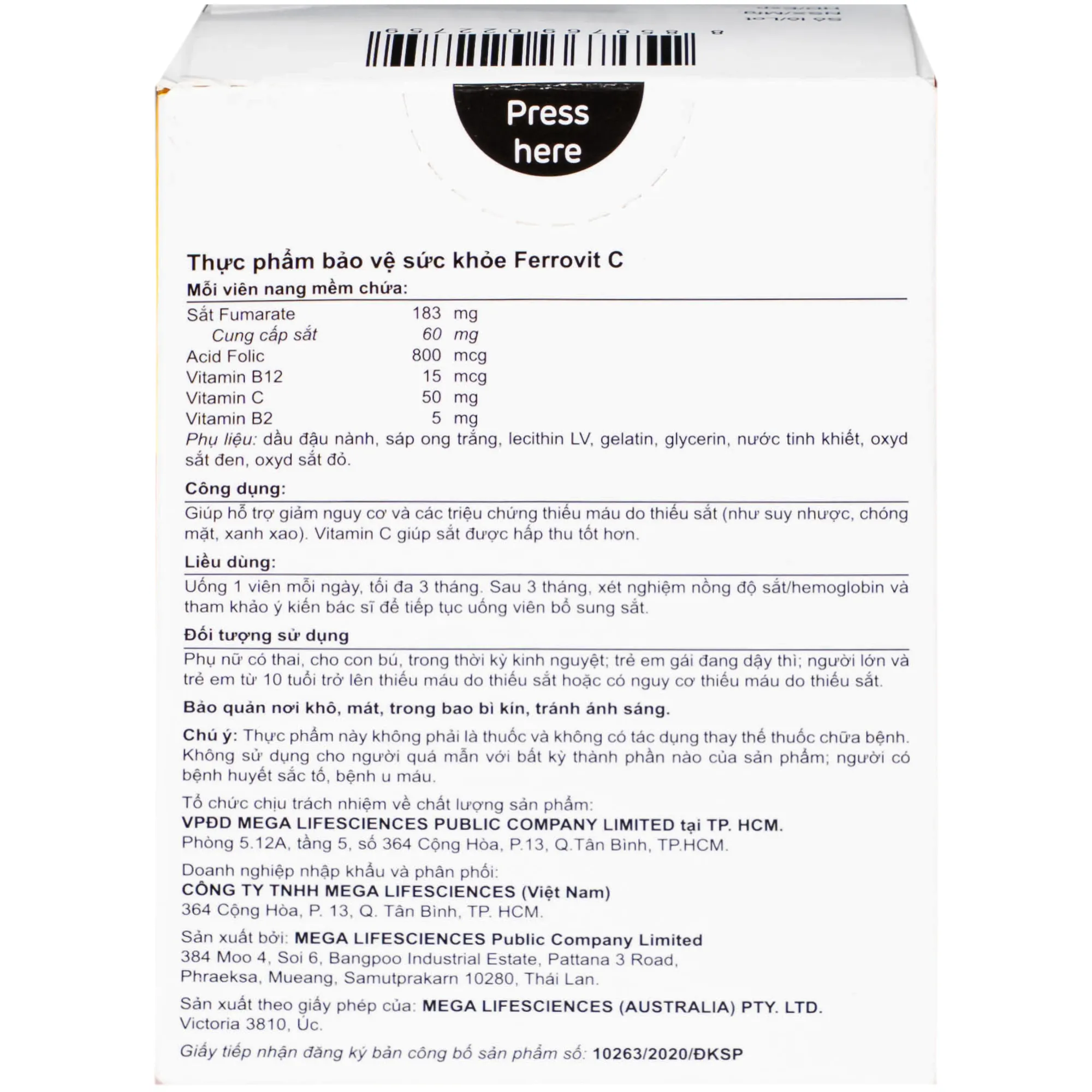 VIÊN UỐNG HỖ TRỢ GIẢM NGUY CƠ THIẾU MÁU DO THIẾU SẮT FERROVIT C MEGA 3X10 7